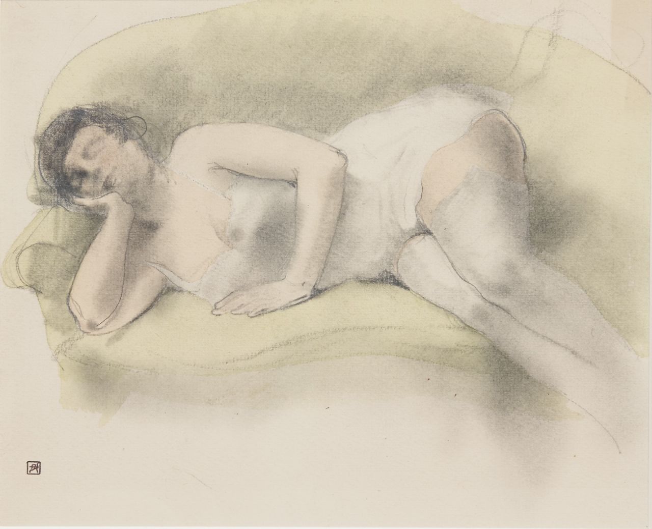 Rassenfosse A.L.  | André Louis 'Armand' Rassenfosse | Aquarelle und Zeichnungen zum Verkauf angeboten | Weiblicher Akt auf Sofa, Kreide und Aquarell auf Papier 19,0 x 24,0 cm, Unterzeichnet l.u. mit Künstlerstempel