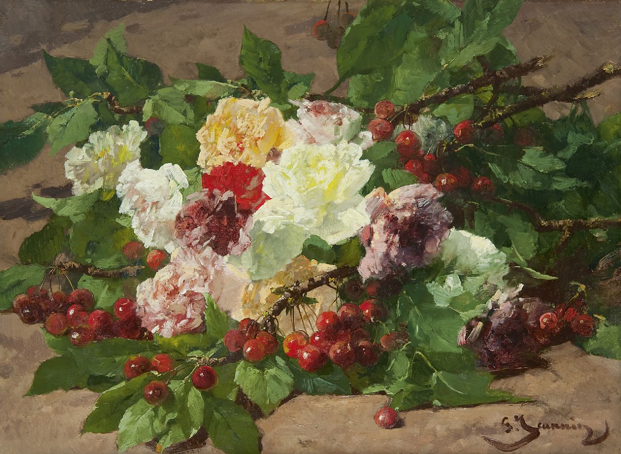 Jeannin G.  | Georges Jeannin, Kirschzweige und Rosen am Waldboden, Öl auf Leinwand 41,8 x 56,7 cm, Unterzeichnet r.u.