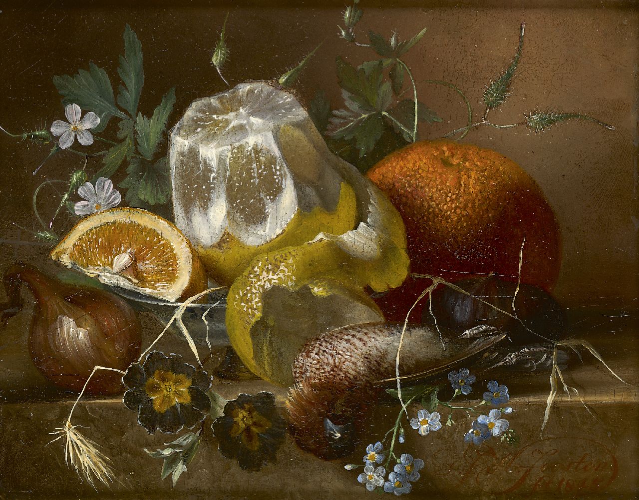 Joosten D.J.H.  | Dirk Jan Hendrik Joosten, Stilleben mit Obst und Wild auf einer Plinthe, Öl auf Holz 15,2 x 19,5 cm, Unterzeichnet r.u. und datiert 1845