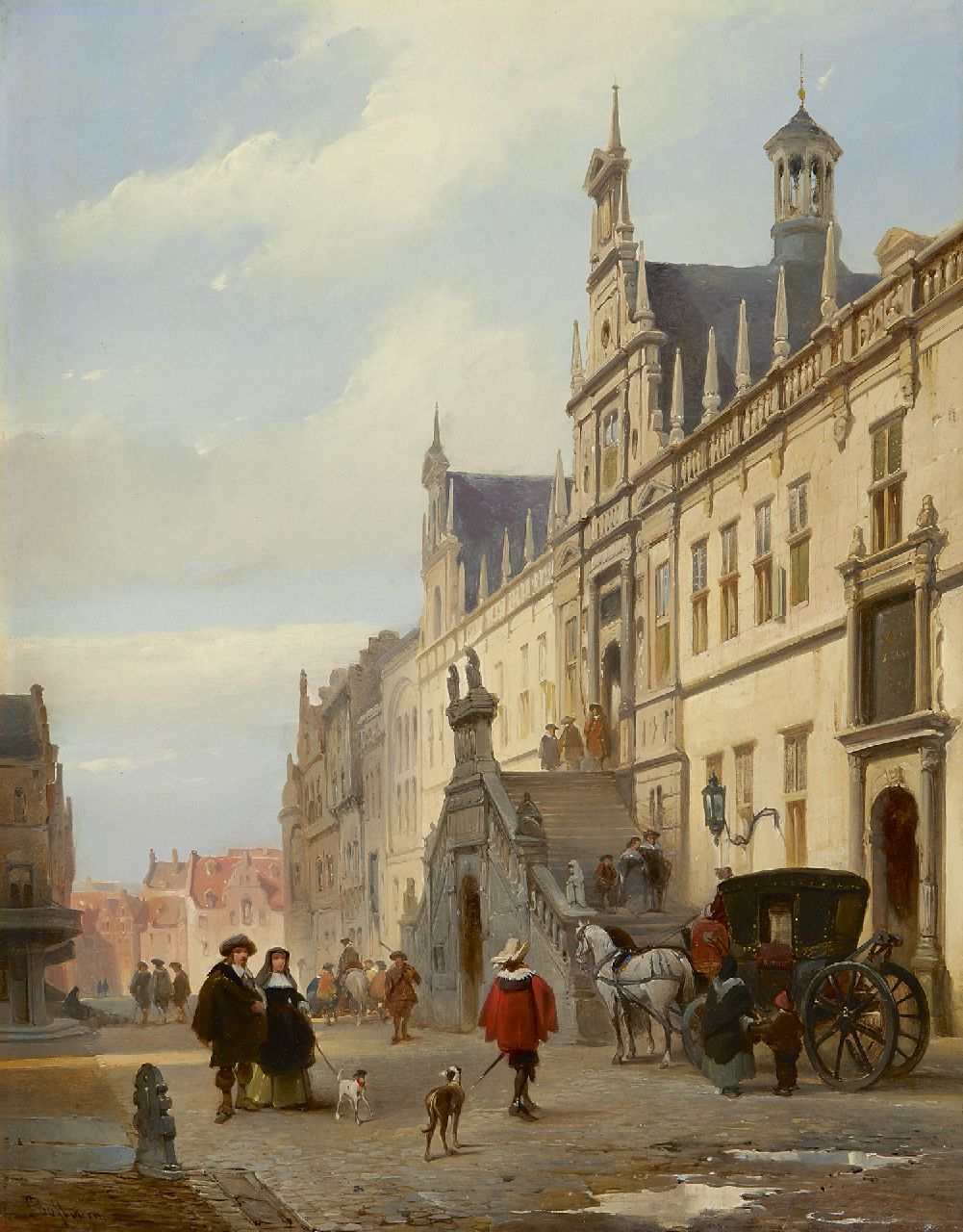Bosboom J.  | Johannes Bosboom, A view of the Breestraat, Leiden, with the town hall, Öl auf Holz 45,2 x 35,0 cm, Unterzeichnet u.l. und zu datieren ca. 1840-1845