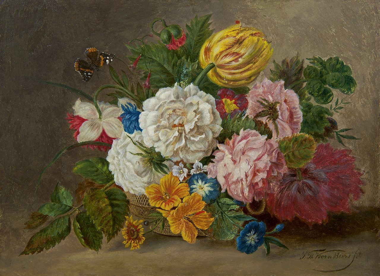 Voorn Boers S.T.  | Sebastiaan Theodorus Voorn Boers, A flower still life in a basket, Öl auf Holz 29,1 x 39,1 cm, signed l.r.