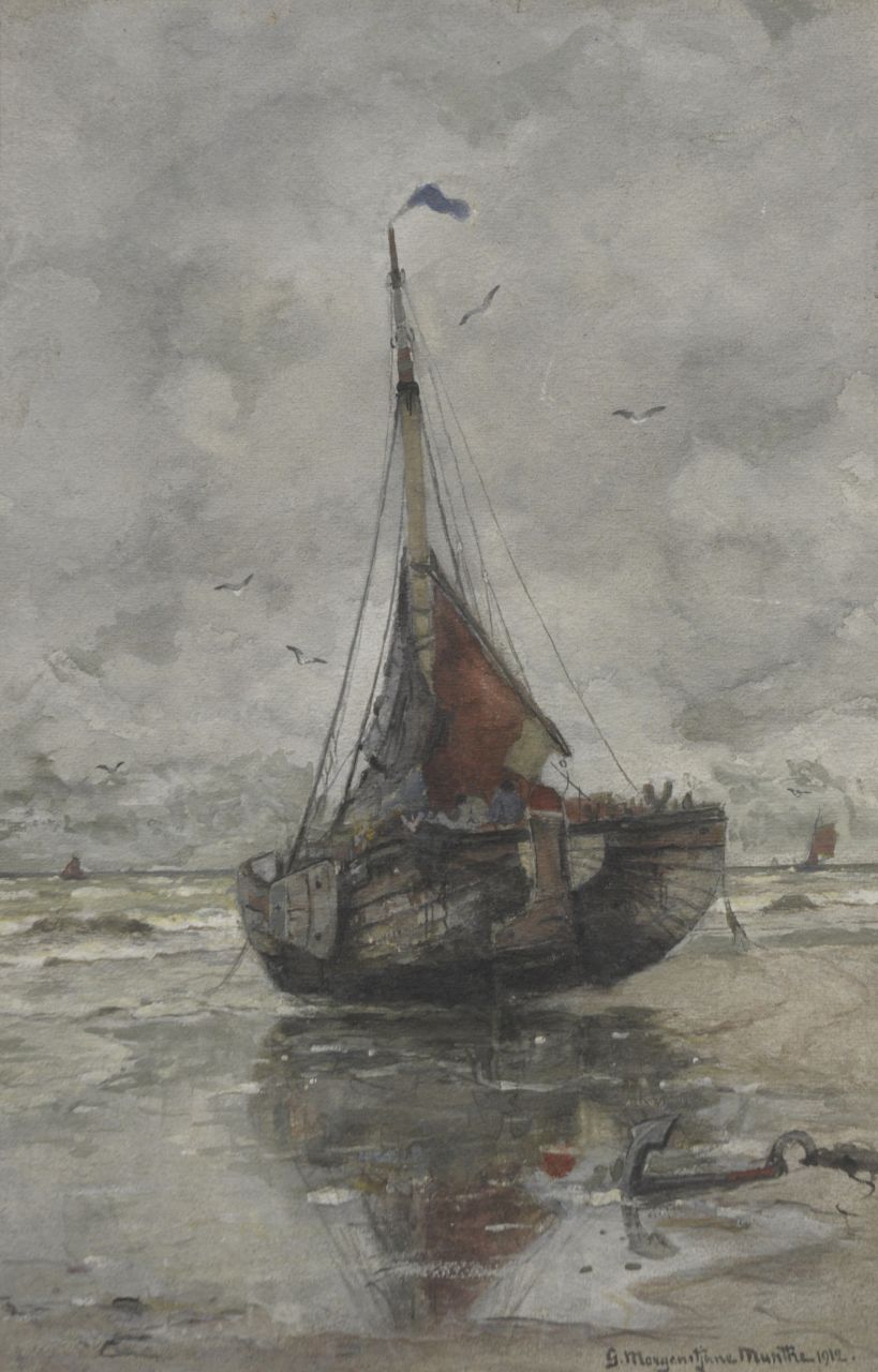 Munthe G.A.L.  | Gerhard Arij Ludwig 'Morgenstjerne' Munthe, Ship on the beach, Aquarell auf Papier 48,2 x 31,3 cm, signed l.r. und dated 1912