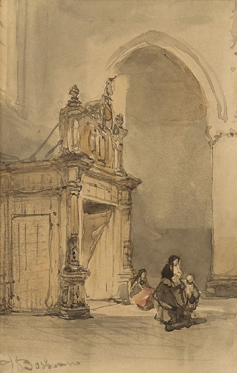 Bosboom J.  | Johannes Bosboom, Innenraum eeiner holländischen Kirche, Aquarell auf Papier 13,0 x 8,3 cm, Unterzeichnet l.u.