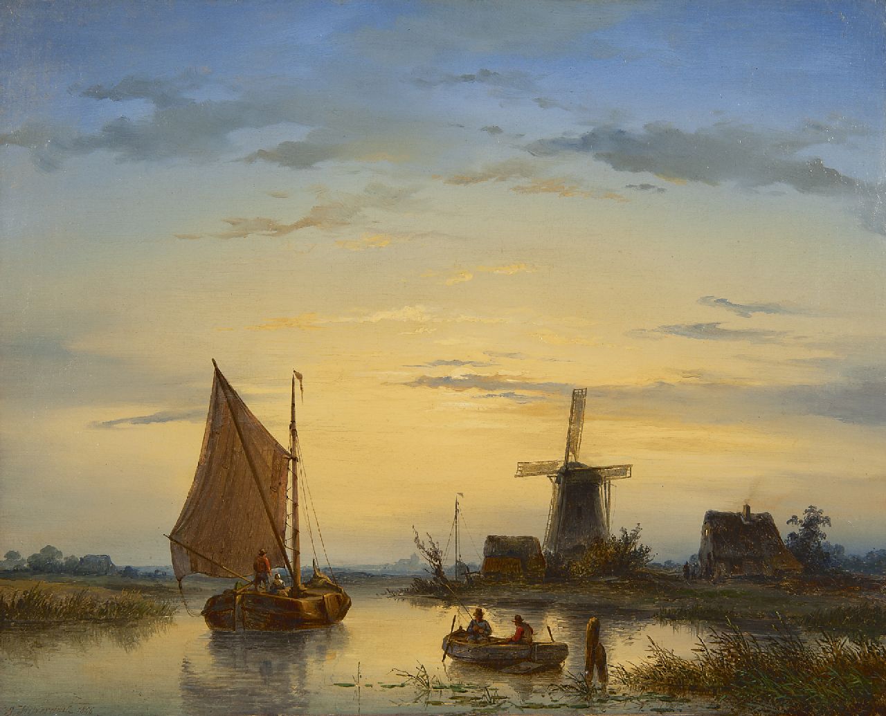 Hilverdink J.  | Johannes Hilverdink, Flußansicht bei Sonnenuntergang, Öl auf Leinwand 39,0 x 48,5 cm, Unterzeichnet l.u. und datiert 1846