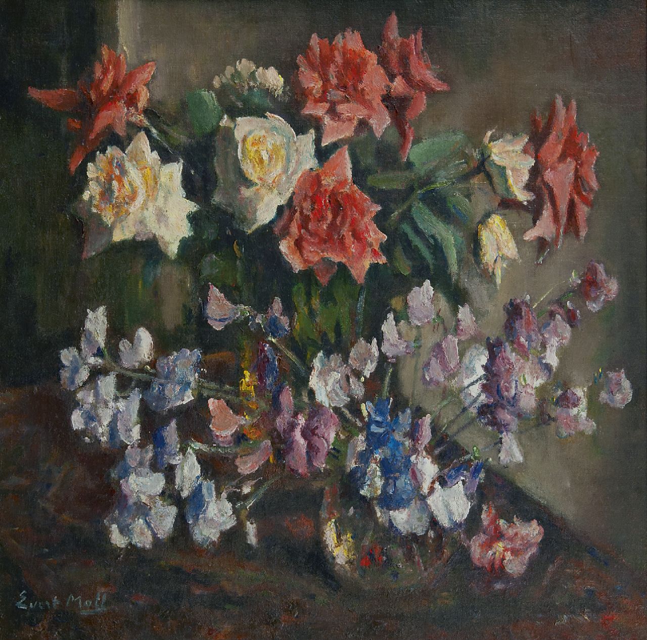 Moll E.  | Evert Moll, Stilleben mit Rosen, Öl auf Leinwand 60,2 x 60,5 cm, Unterzeichnet l.u.