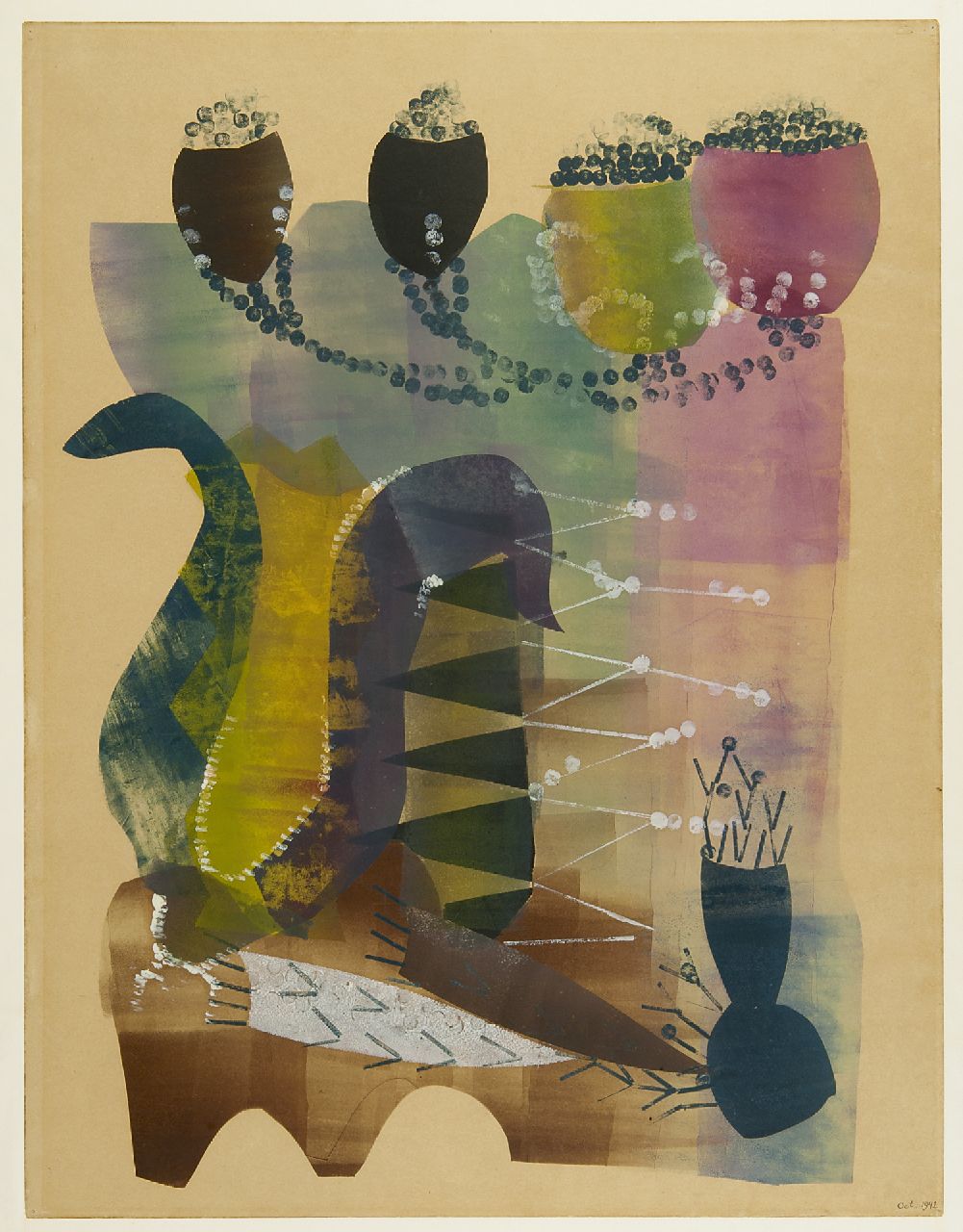 Werkman H.N.  | Hendrik Nicolaas Werkman, Komposition mit Pflanzformen, Chablone und Stempel auf Papier 65,3 x 50,0 cm, datiert Oct. 1942