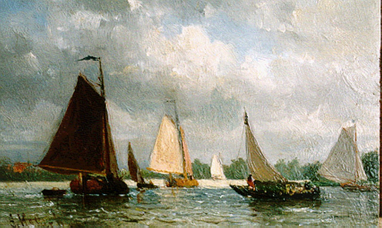 Koster E.  | Everhardus Koster, Sailing vessels in full sail, Öl auf Holz 10,8 x 16,9 cm, signed l.l.