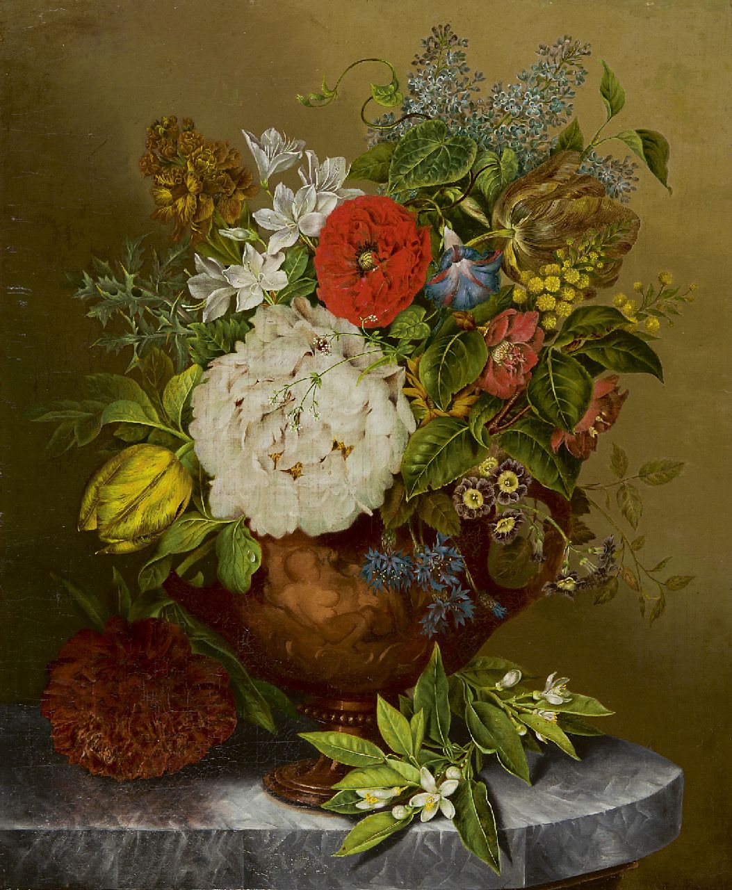 Hoopstad E.I.  | Elisabeth Iosetta Hoopstad, Blumenstilleben in Terrakotta Vase, Öl auf Leinwand 59,5 x 48,4 cm, Unterzeichnet r.u.