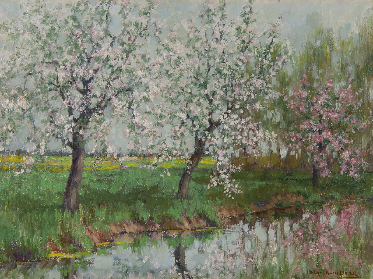 Beek B.A. van | Bernardus Antonie van Beek, BLühende Früchtbäume am Wasser, Öl auf Malereifaser 30,5 x 40,4 cm, Unterzeichnet u.r.