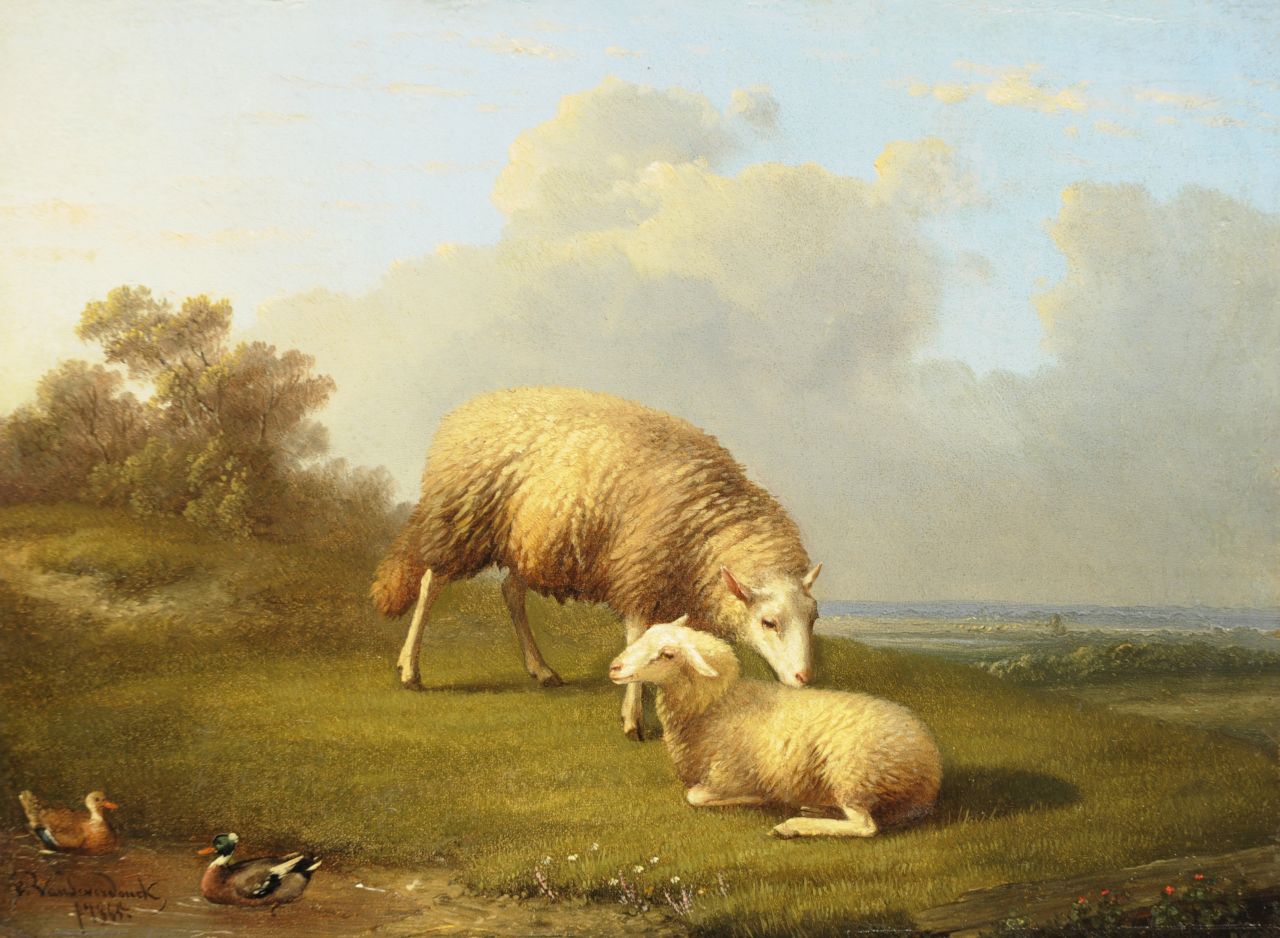 Severdonck F. van | Frans van Severdonck | Gemälde zum Verkauf angeboten | Mutterschaf und Lamm in einer Landschaft, Öl auf Tafel 17,6 x 23,9 cm, Unterzeichnet l.u. und datiert 1865