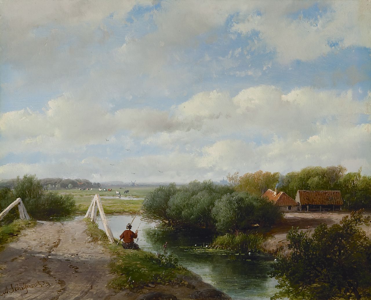 Schelfhout A.  | Andreas Schelfhout, Sommerlandschaft mit Angler bei Haarlem, Öl auf Holz 19,5 x 24,1 cm, Unterzeichnet l.u. und datiert '59