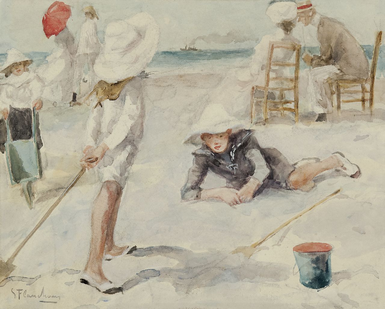 Gustave Flasschoen | On the beach, Aquarell auf Papier, 35,1 x 43,4 cm, signed l.l.