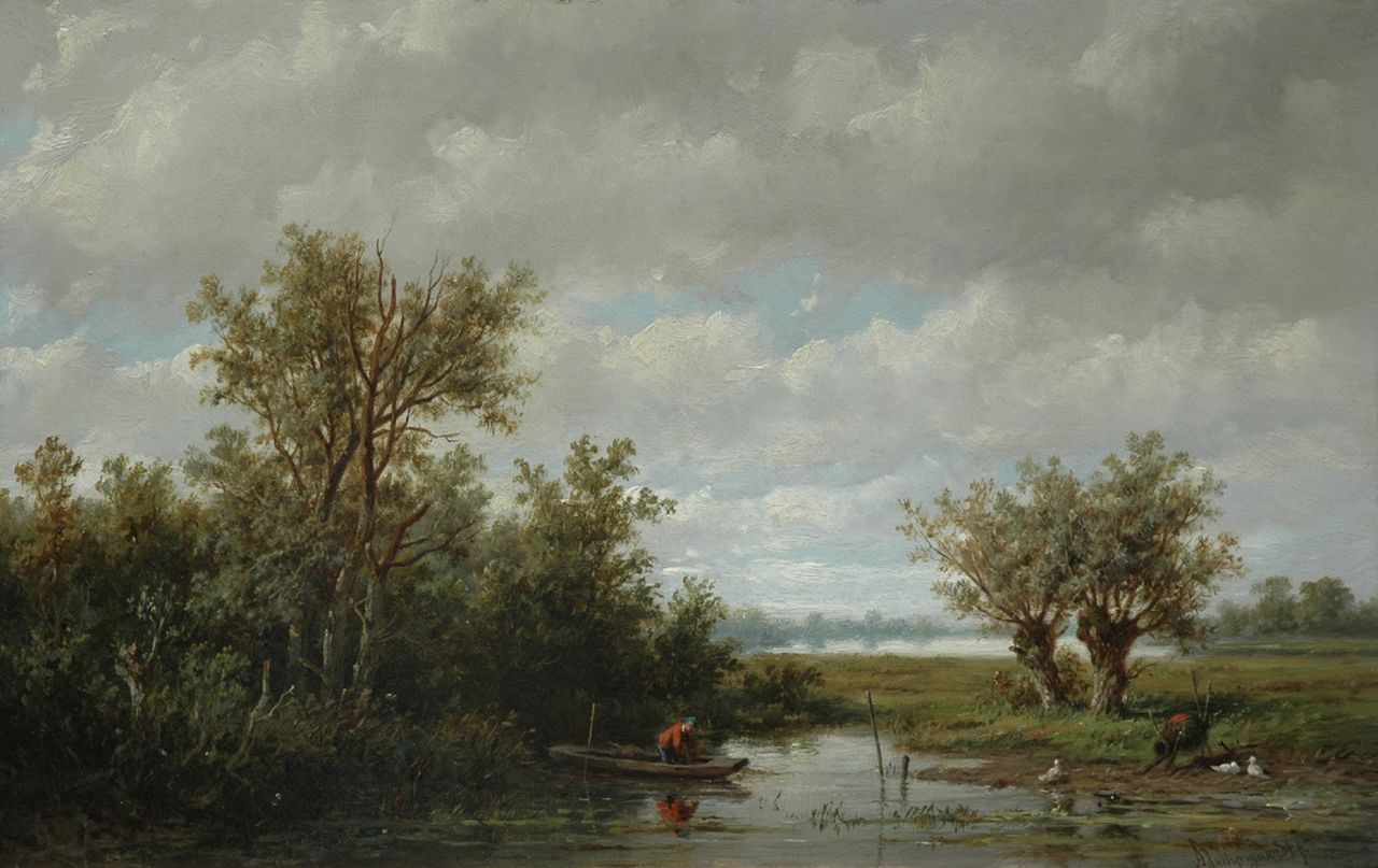 Wijngaerdt A.J. van | Anthonie Jacobus van Wijngaerdt, A polder landscape with an angler, Öl auf Holz 27,5 x 43,6 cm, signed l.r.