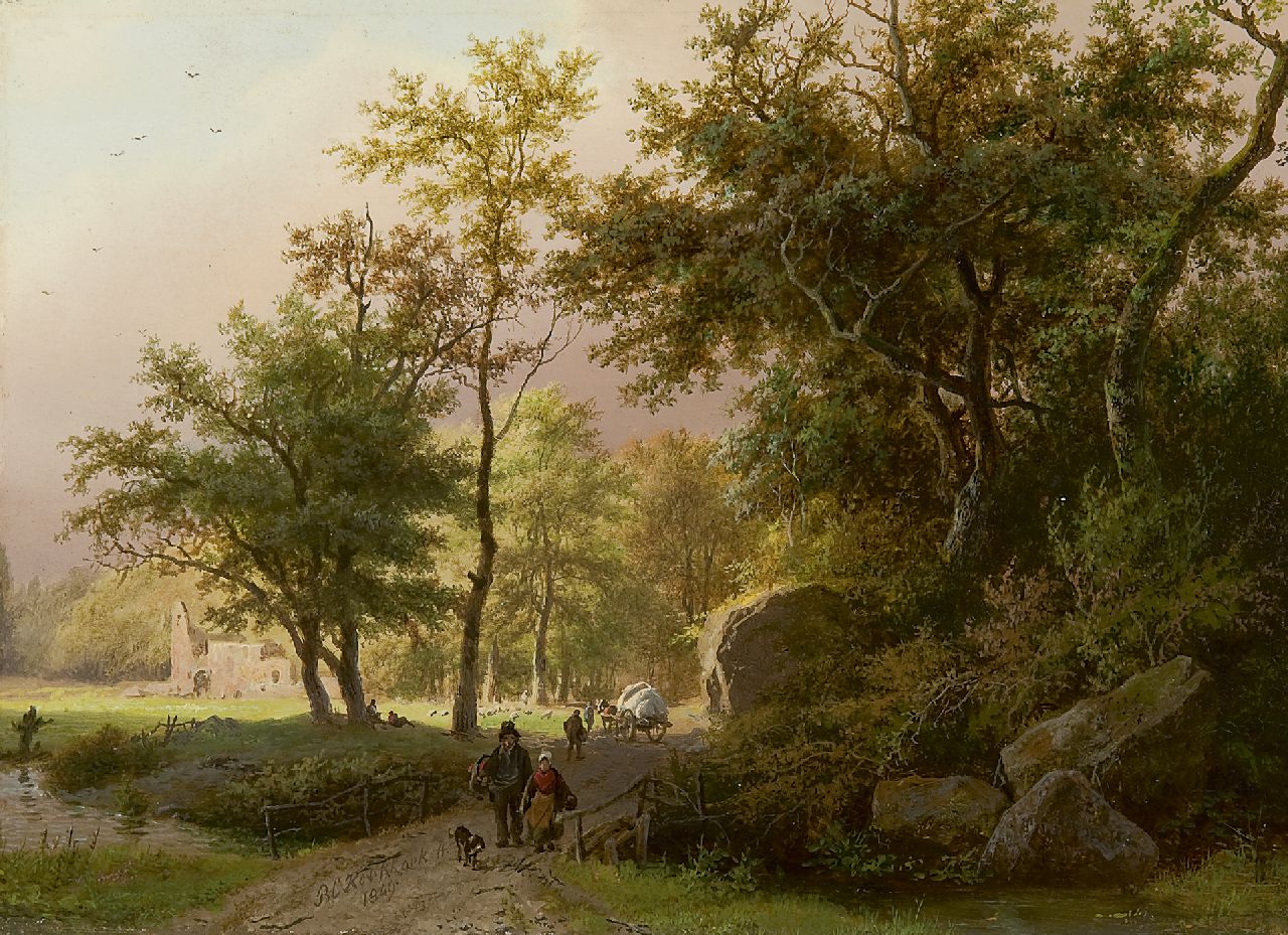 Koekkoek B.C.  | Barend Cornelis Koekkoek, Sommerliche Waldlandschaft bei einer Ruine, Öl auf Holz 17,7 x 24,4 cm, Unterzeichnet M.u. und datiert 1849