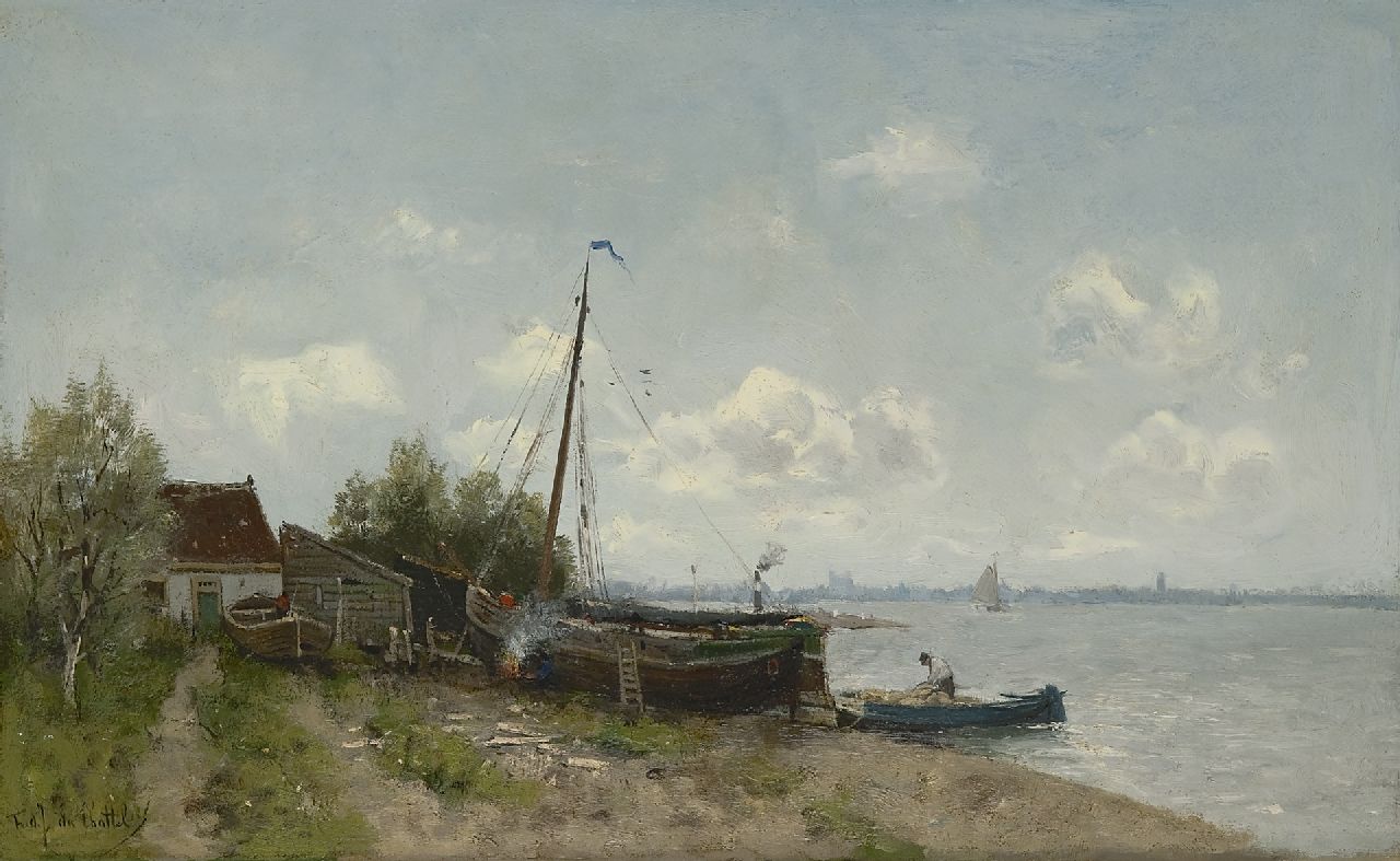 Rossum du Chattel F.J. van | Fredericus Jacobus van Rossum du Chattel, Kleine Werft am Fluss, Öl auf Leinwand 39,4 x 63,7 cm, Unterzeichnet l.u.