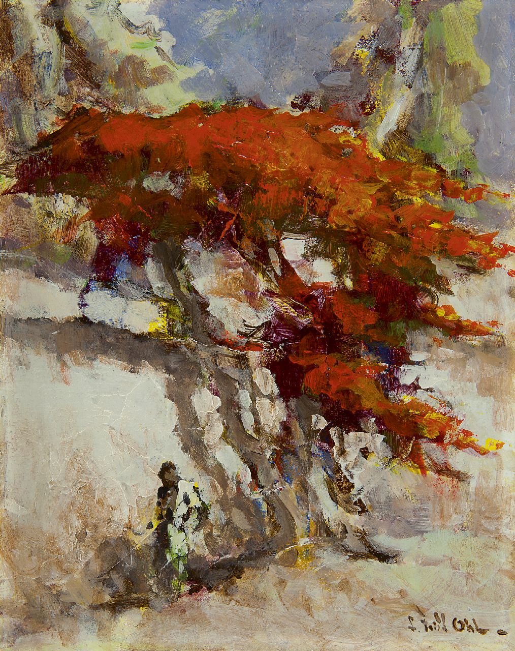Ohl L.F.  | Lucien 'Frits' Ohl, Flammenbaum bei weisser Mauer, Öl auf Holzfaser 29,9 x 24,0 cm, Unterzeichnet r.u.