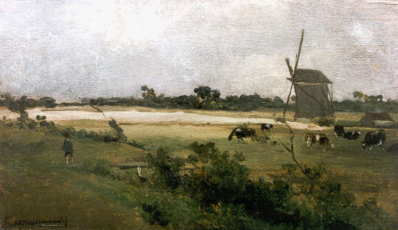 Weissenbruch H.J.  | Hendrik Johannes 'J.H.' Weissenbruch, A polder landscape with windmills, Öl auf Holz 18,0 x 31,1 cm, signed l.l.