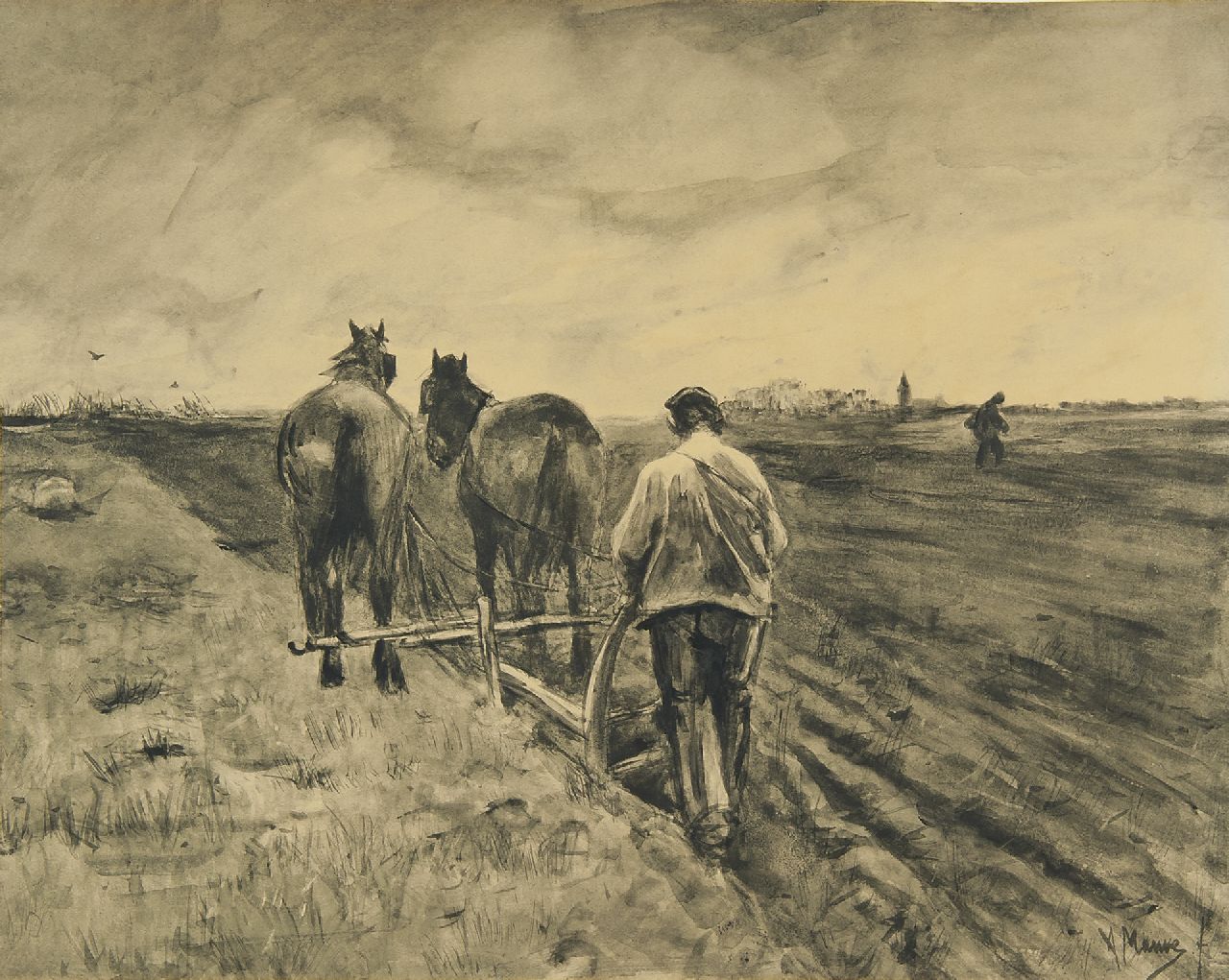 Mauve A.  | Anthonij 'Anton' Mauve, Pflüger mit zwei Pferden, Pinsel und Tinte auf Papier 39,0 x 51,0 cm, Unterzeichnet r.u.