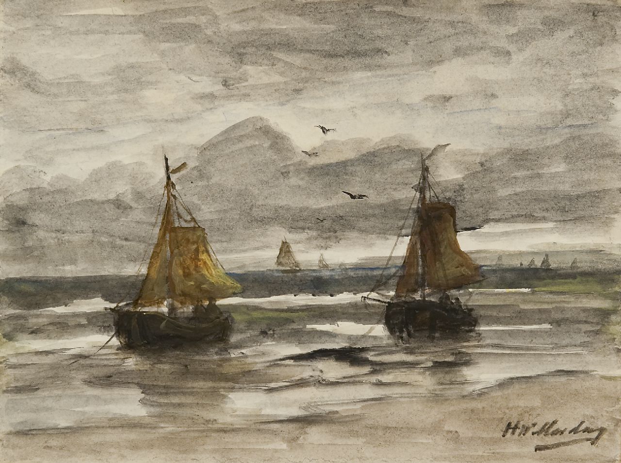 Mesdag H.W.  | Hendrik Willem Mesdag, Two fishing barges at anchor in the surf, Aquarell auf Papier 18,1 x 24,1 cm, signed l.r.