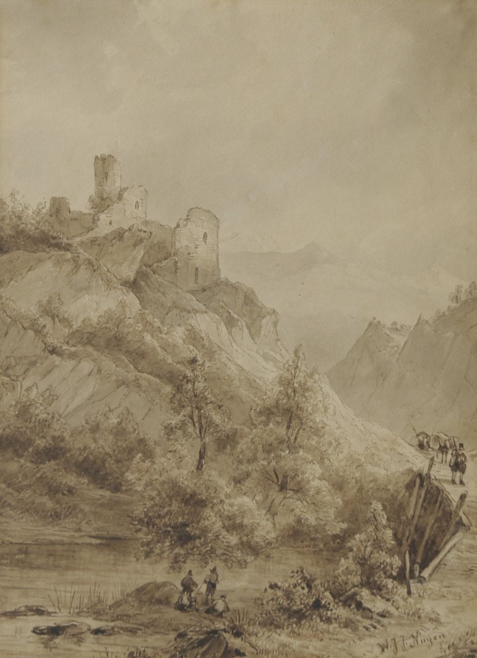 Nuijen W.J.J.  | Wijnandus Johannes Josephus 'Wijnand' Nuijen, Berglandschaft mit Reisenden bei einer Ruine, Bleistift, Feder und Sepia auf Papier 29,3 x 21,7 cm, Unterzeichnet r.u.