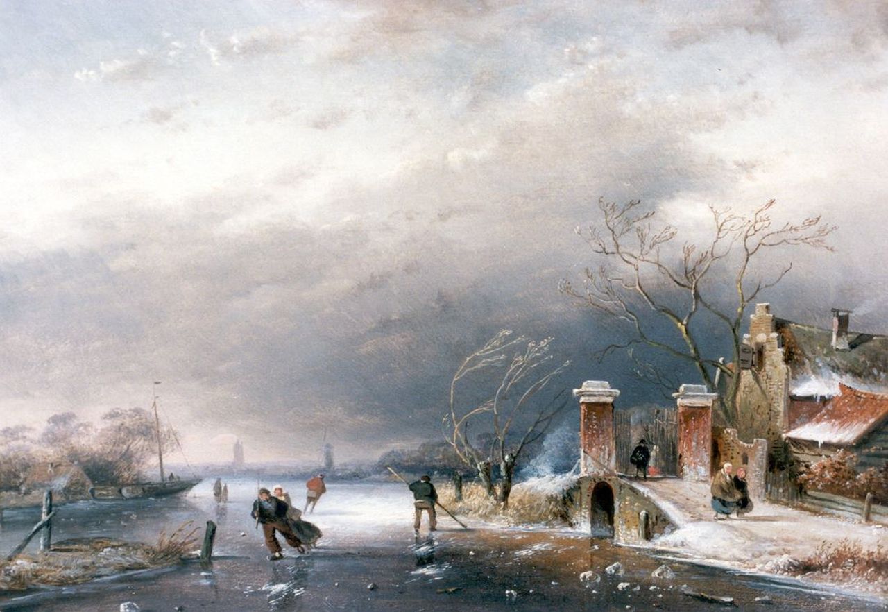 Leickert C.H.J.  | 'Charles' Henri Joseph Leickert, A winter landscape with skaters on the ice, Öl auf Holz 20,2 x 28,5 cm