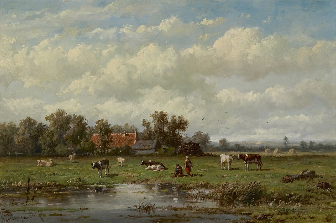 Wijngaerdt A.J. van | Anthonie Jacobus van Wijngaerdt, A meadow with cattle, Öl auf Holz 24,1 x 36,5 cm, signed l.l.