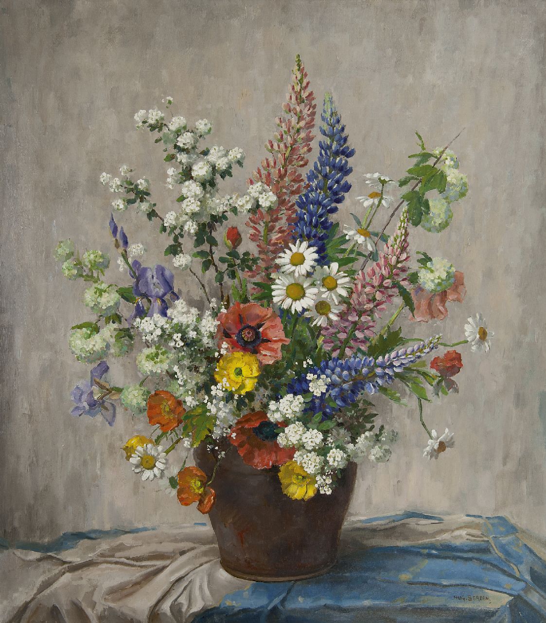 Berten H.H.  | Hermann 'Hugo' Berten, Sommerblumen in steingut Vase, Öl auf Leinwand 80,2 x 70,0 cm, Unterzeichnet u.r.