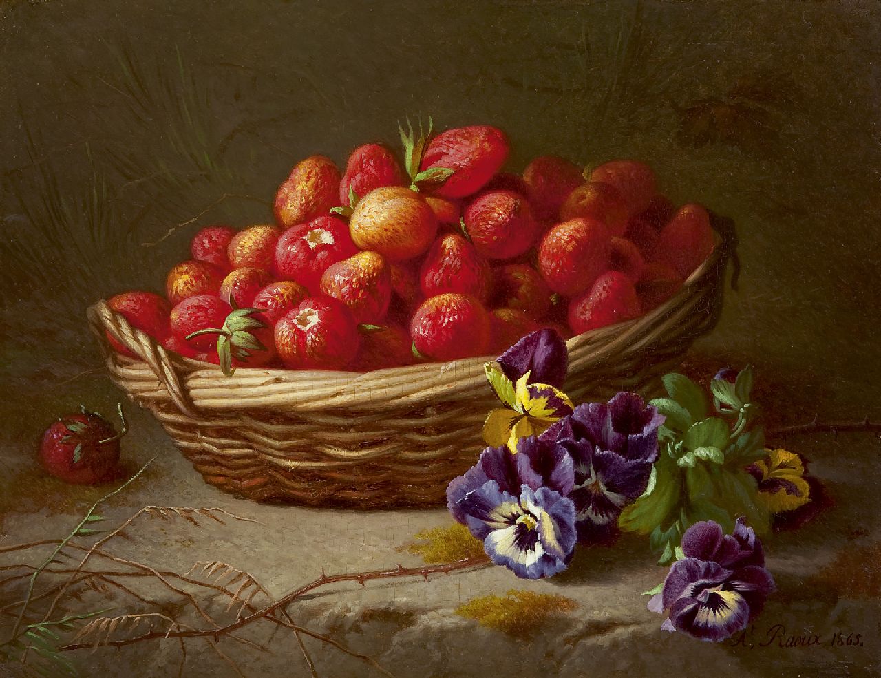 Raoux A.  | Albert Raoux, Strawberries in a basket, Öl auf Holz 27,9 x 36,2 cm, signed l.r. und dated 1865