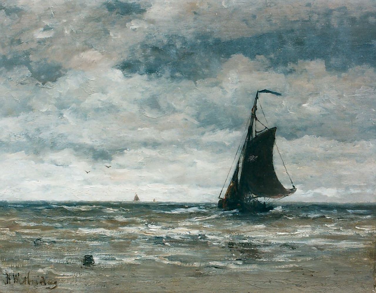 Mesdag H.W.  | Hendrik Willem Mesdag, A 'Bomschuit' in the surf, Öl auf Leinwand 40,0 x 51,0 cm, signed l.l.