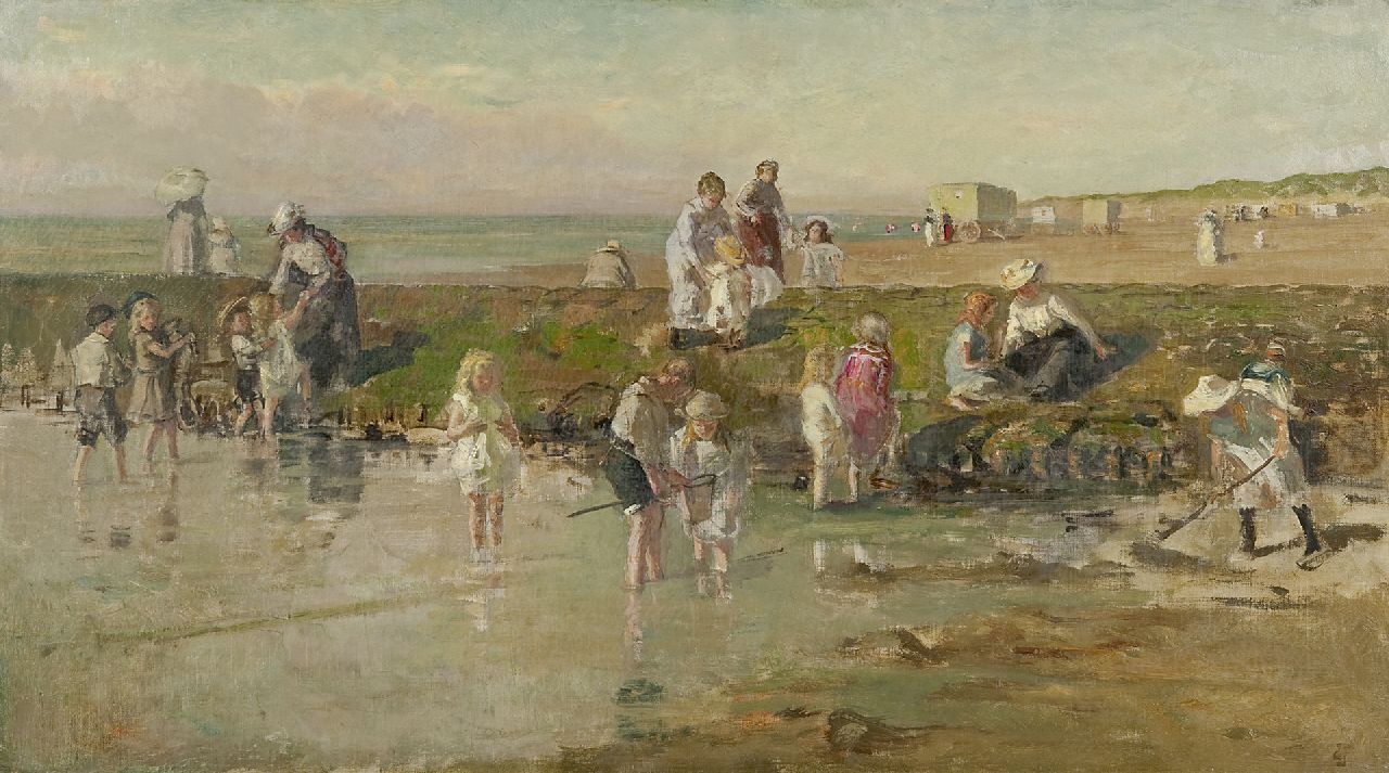 Jonge J.A. de | Johan Antoni de Jonge, Sommer am Strand von Scheveningen, Öl auf Leinwand 40,8 x 73,2 cm, Unterzeichnet u.r. mit Monogramm