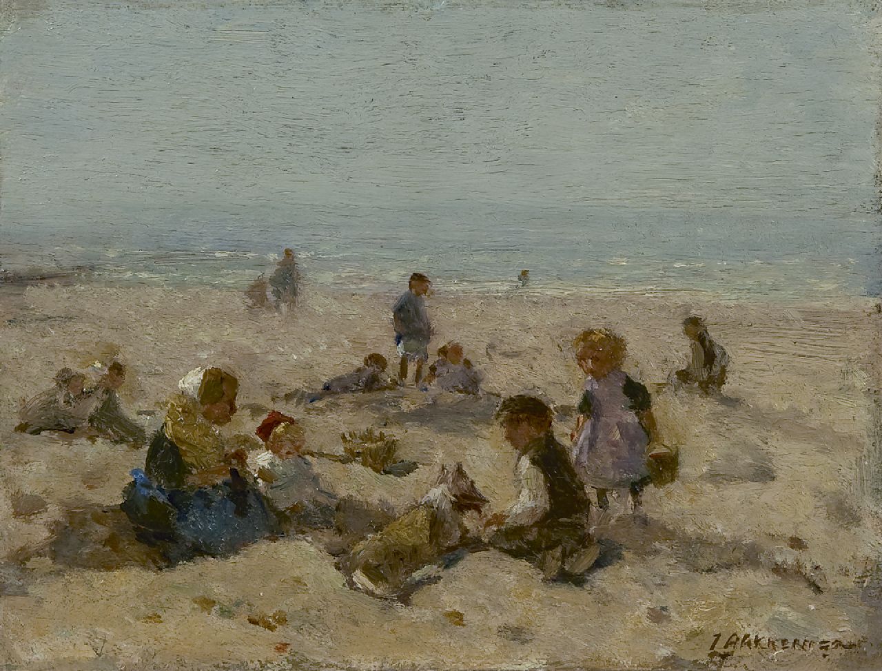 Akkeringa J.E.H.  | 'Johannes Evert' Hendrik Akkeringa, Spielende Kinder am Strand von Scheveningen, Öl auf Holz 15,4 x 20,3 cm, Unterzeichnet r.u.