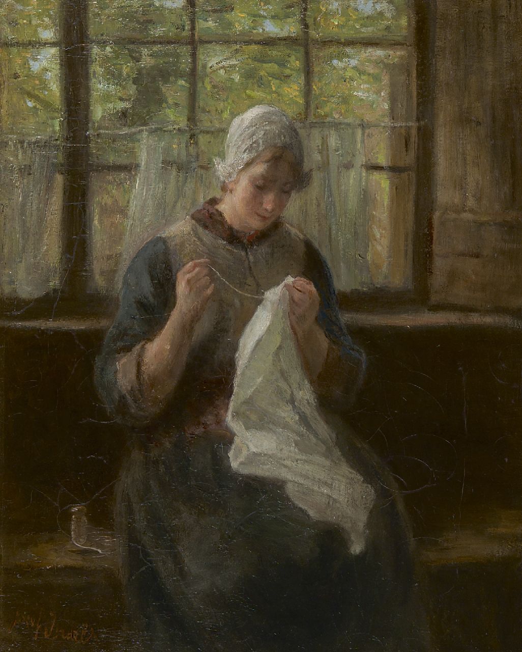 Israëls J.  | Jozef Israëls, A woman knitting, Öl auf Leinwand 56,6 x 45,3 cm, signed l.l.