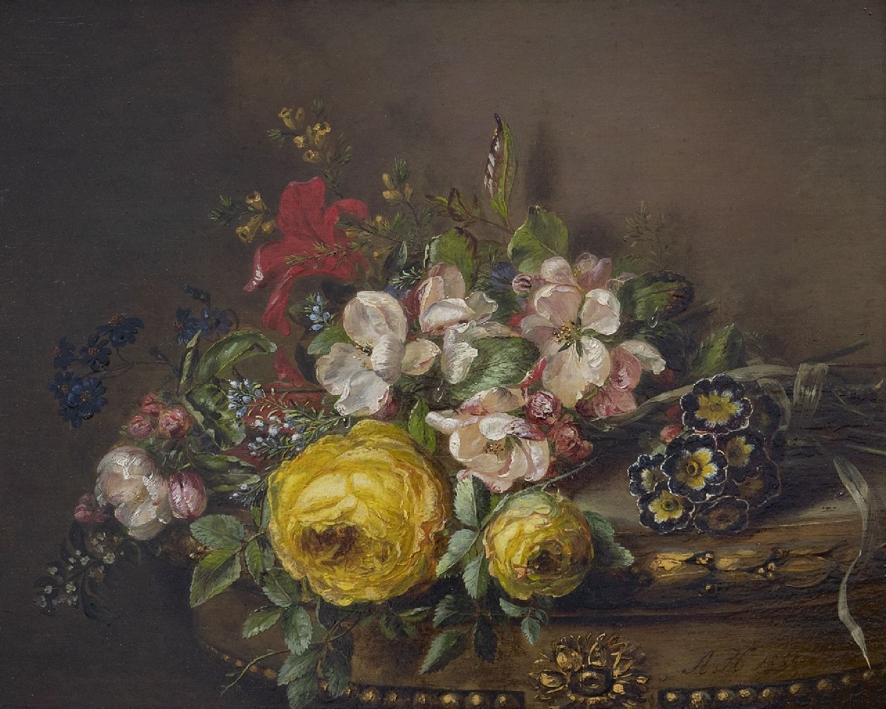 Haanen A.J.  | Adriana Johanna Haanen | Gemälde zum Verkauf angeboten | Gemischter Strauss auf einem Tisch, Öl auf Holz 26,5 x 33,2 cm, Unterzeichnet r.u. und datiert 1850