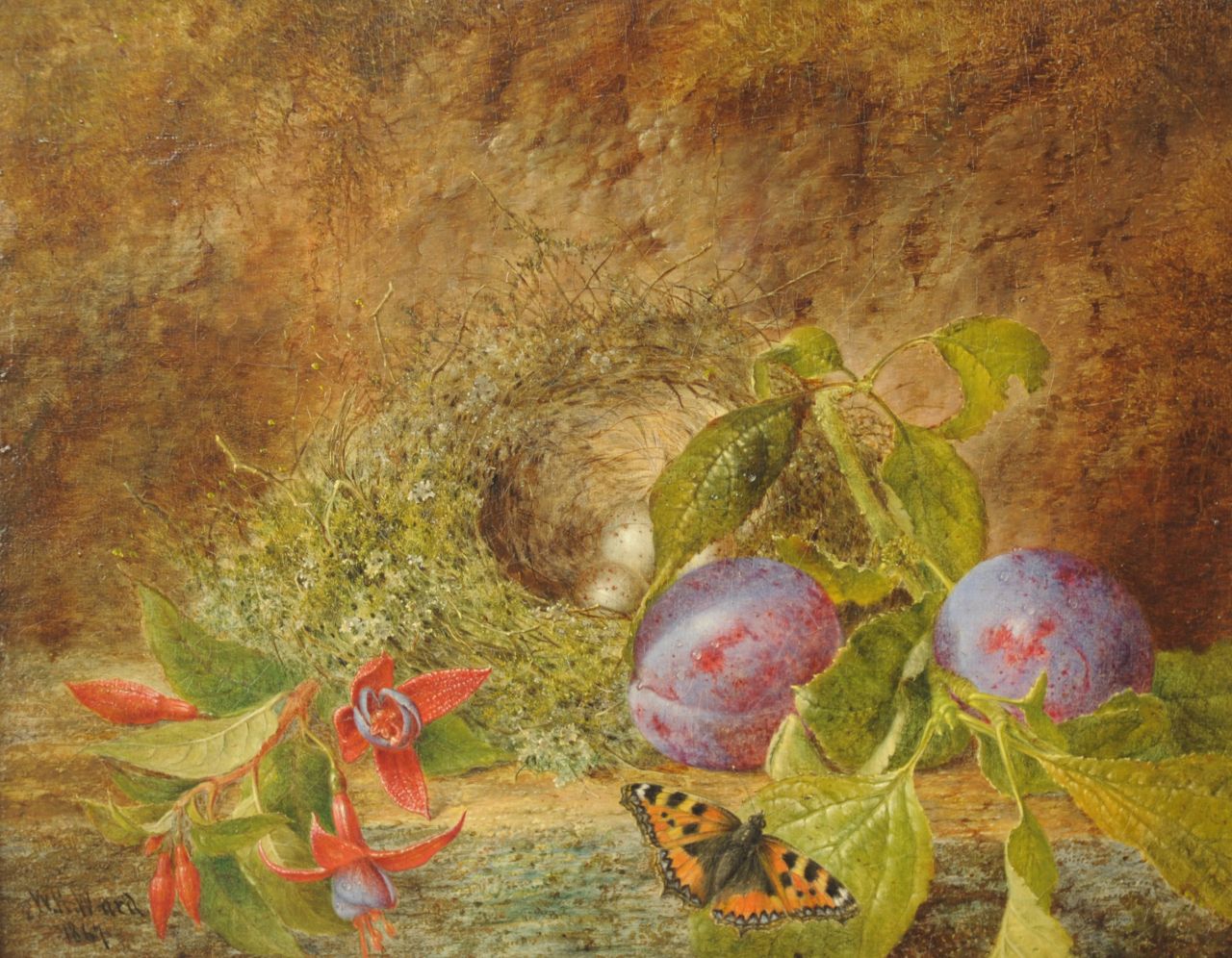 William Henry Ward | Stilleben mit Vogelnest und Schmetterling, Öl auf Leinwand, 20,4 x 24,8 cm, Unterzeichnet l.u. und datiert 1867