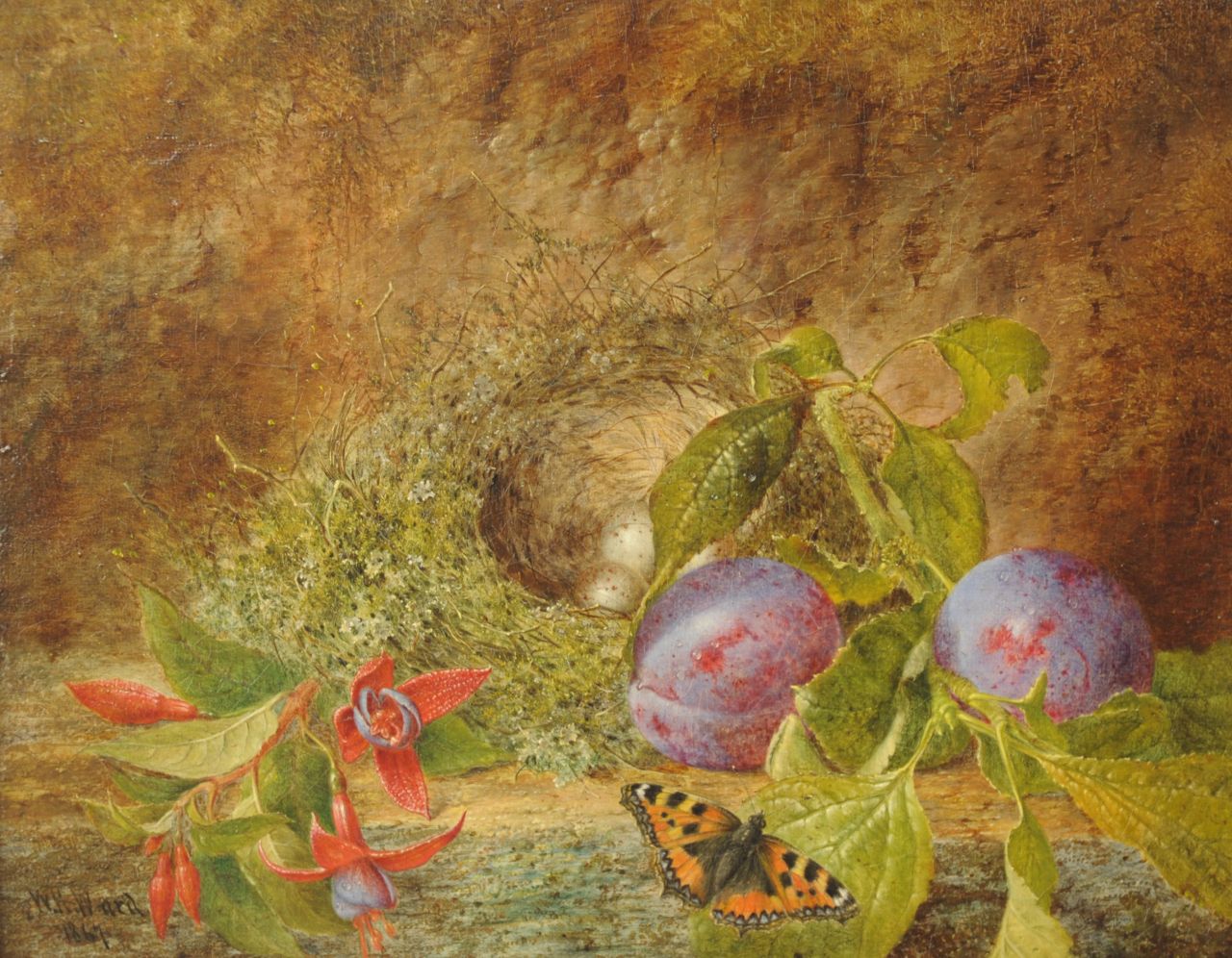 Ward W.H.  | William Henry Ward, Stilleben mit Vogelnest und Schmetterling, Öl auf Leinwand 20,4 x 24,8 cm, Unterzeichnet l.u. und datiert 1867