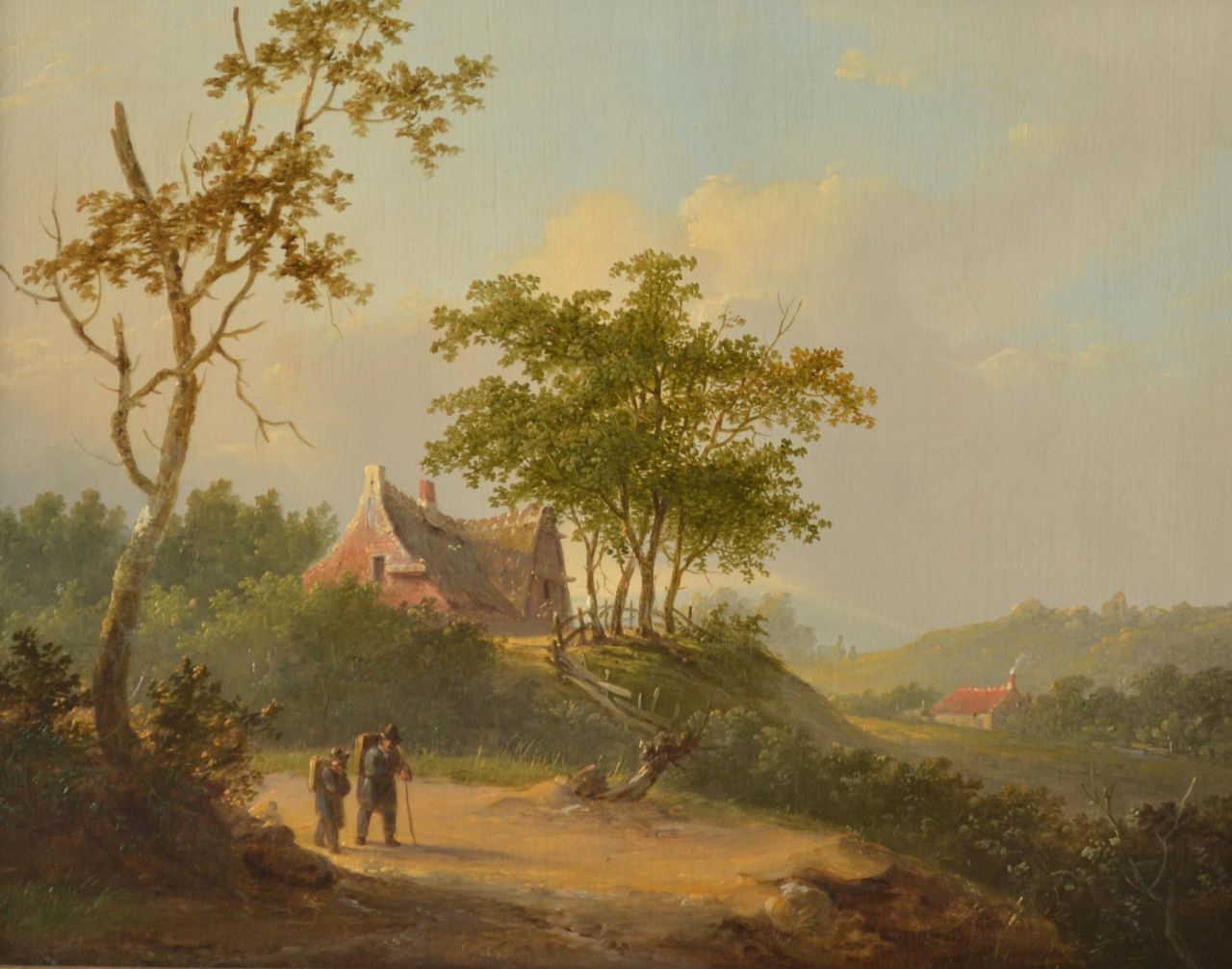 Stok J. van der | Jacobus van der Stok, Reisende in panoramischer Sommerlandschaft, Öl auf Holz 25,7 x 32,6 cm