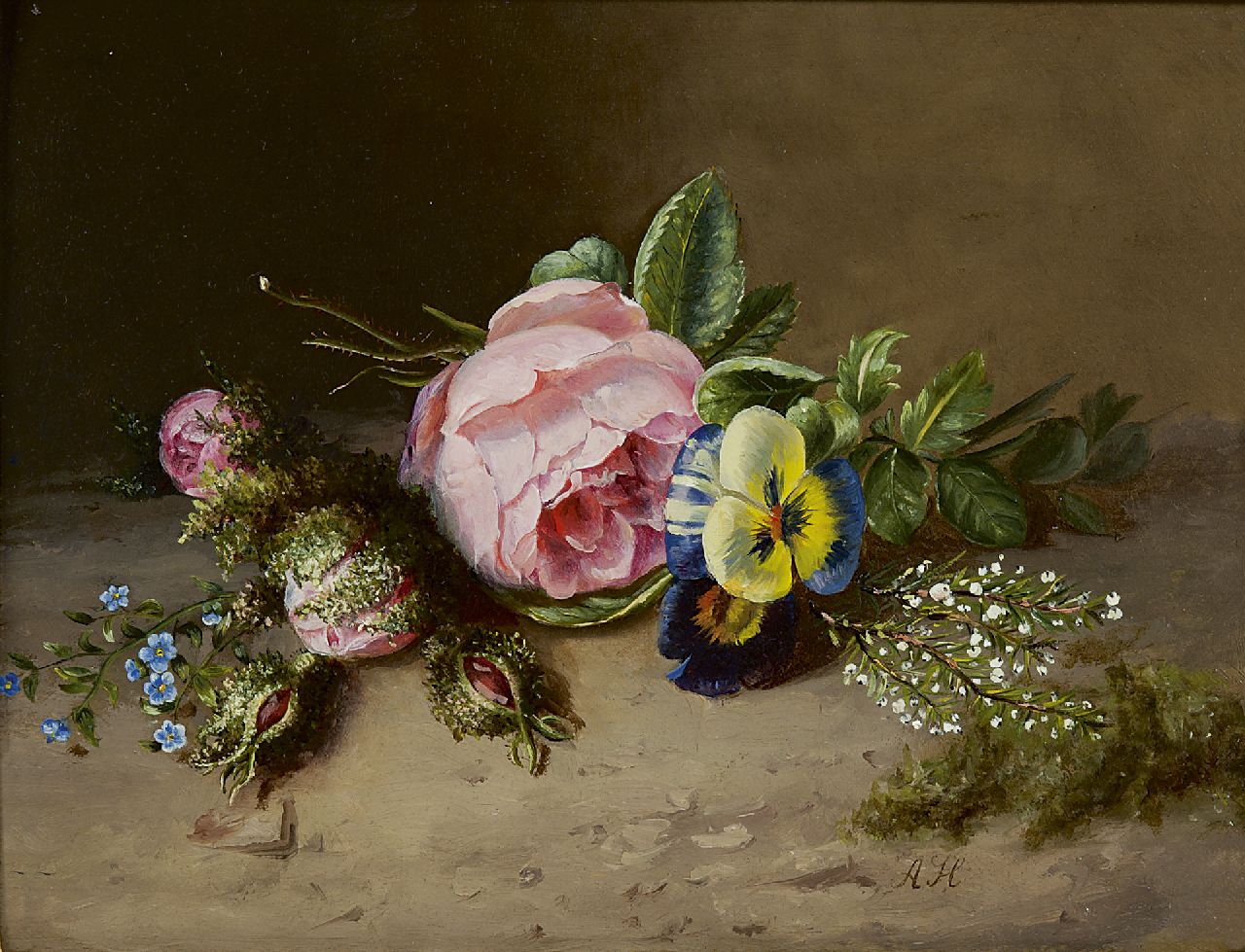 Haanen A.J.  | Adriana Johanna Haanen, A flower still life, Öl auf Holz 25,7 x 33,0 cm, signed l.r. with initials