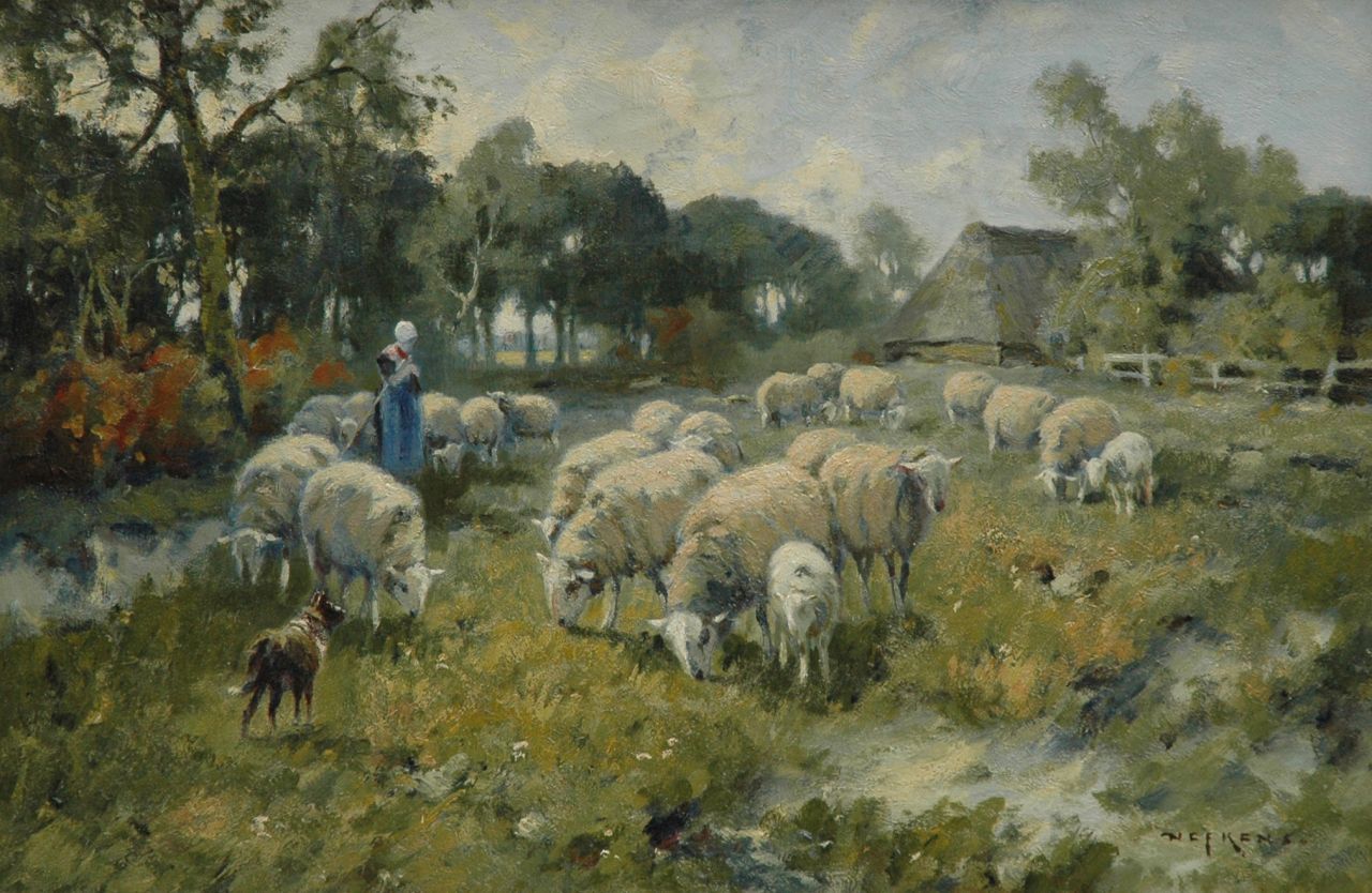 Nefkens M.J.  | Martinus Jacobus Nefkens, Farmers wife with sheep, Öl auf Leinwand 40,8 x 61,5 cm, signed l.r.