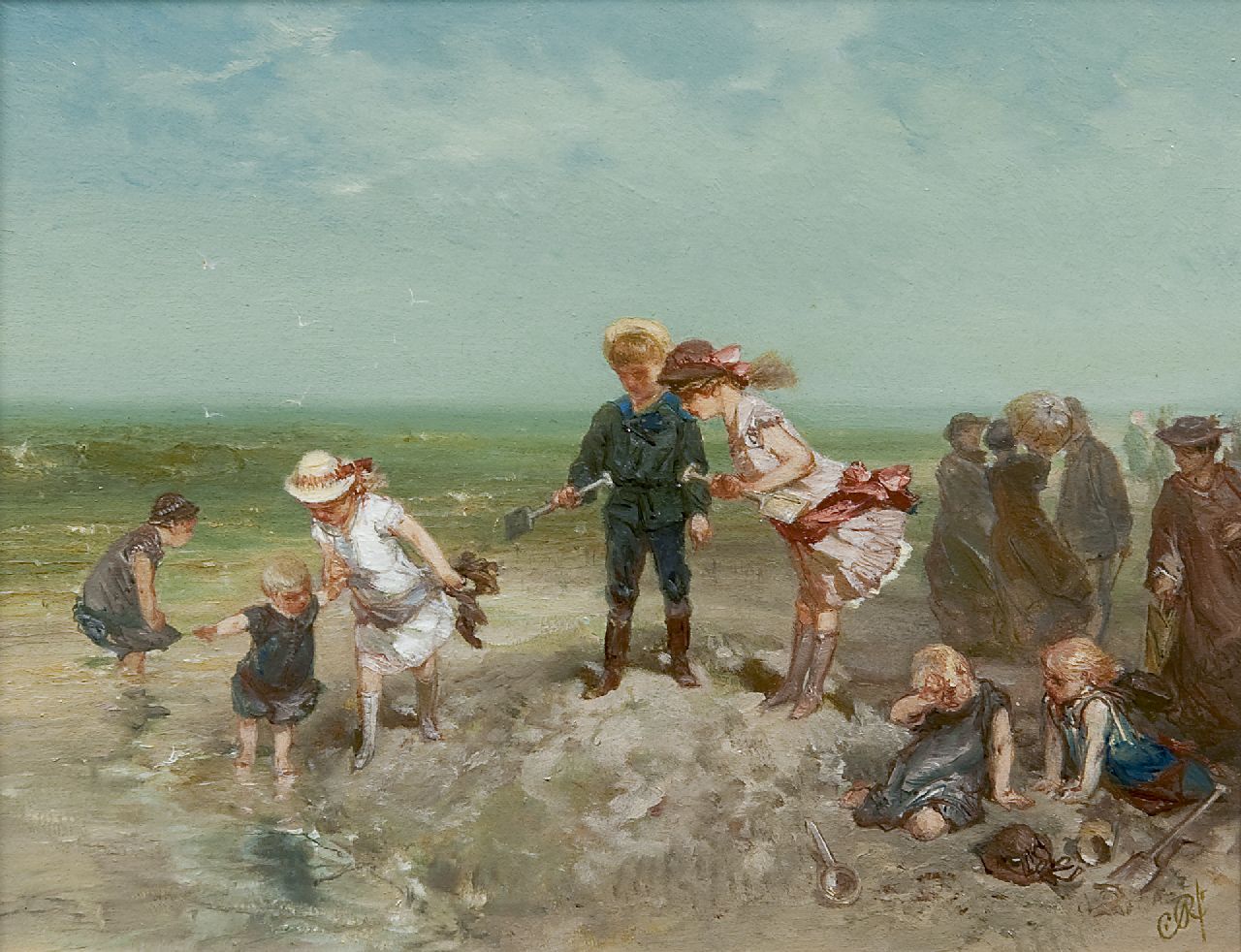 Rochussen Ch.  | Charles Rochussen, Children playing on the beach, Öl auf Holz 16,0 x 20,8 cm, signed l.r. with initials und painted ca. 1881