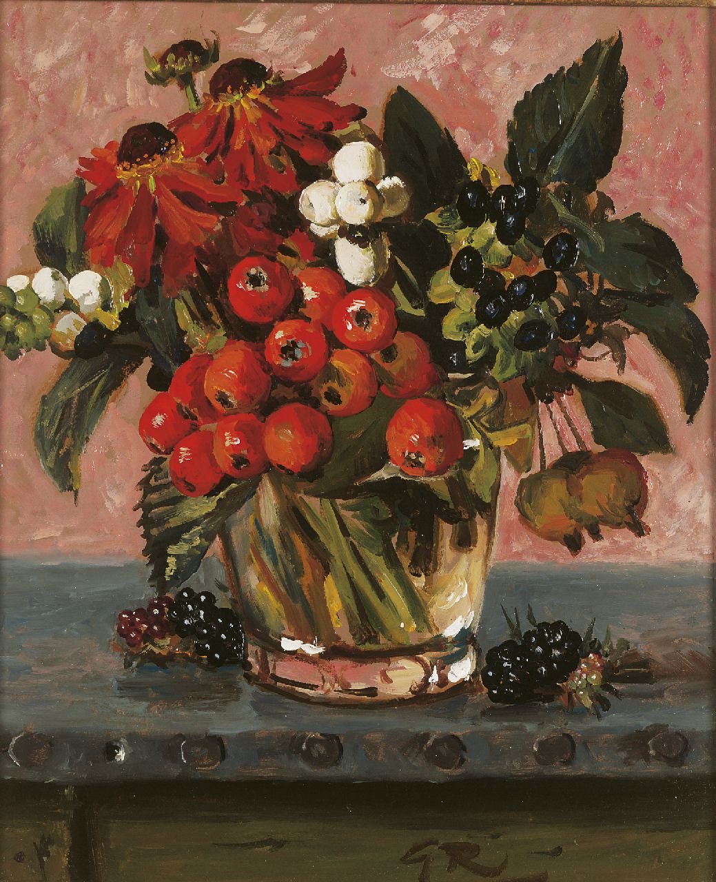 Röling G.V.A.  | Gerard Victor Alphons 'Gé' Röling, Berries and flowers in a glass vase, Öl auf Holzfaser 29,8 x 25,0 cm, signed l.r. with initials