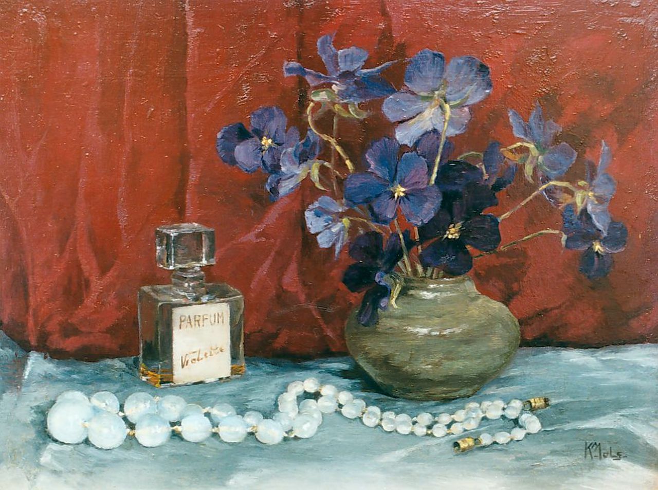 Mols C.J.  | Carolus Joannes 'Karel' Mols, Still life with violets and a perfume bottle, Öl auf Holz 18,5 x 24,5 cm, signed l.r.
