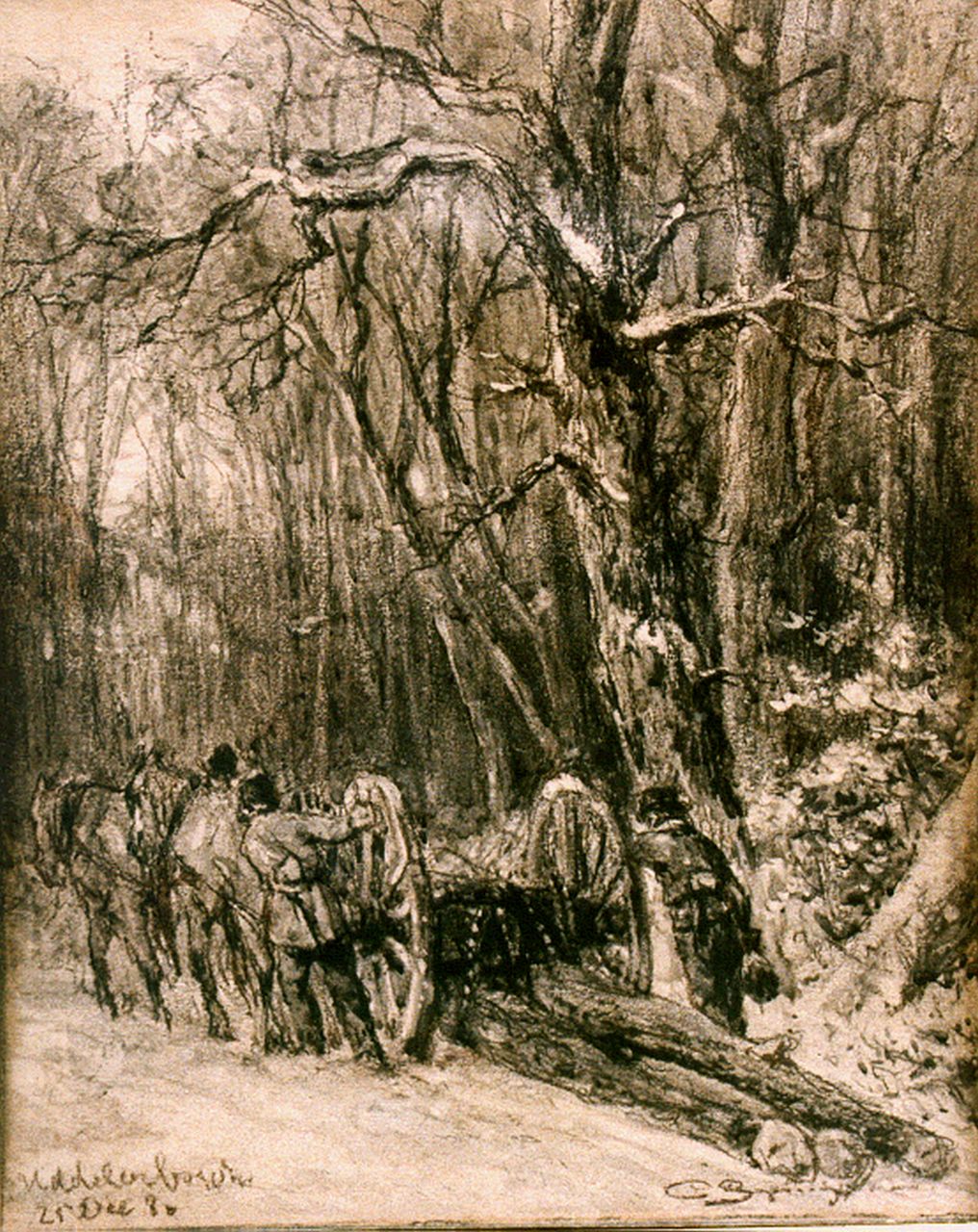 Springer C.  | Cornelis Springer, Winter landscape with figures gathering wood, Zeichnung auf Papier 25,0 x 20,0 cm, signed l.r. und dated '80