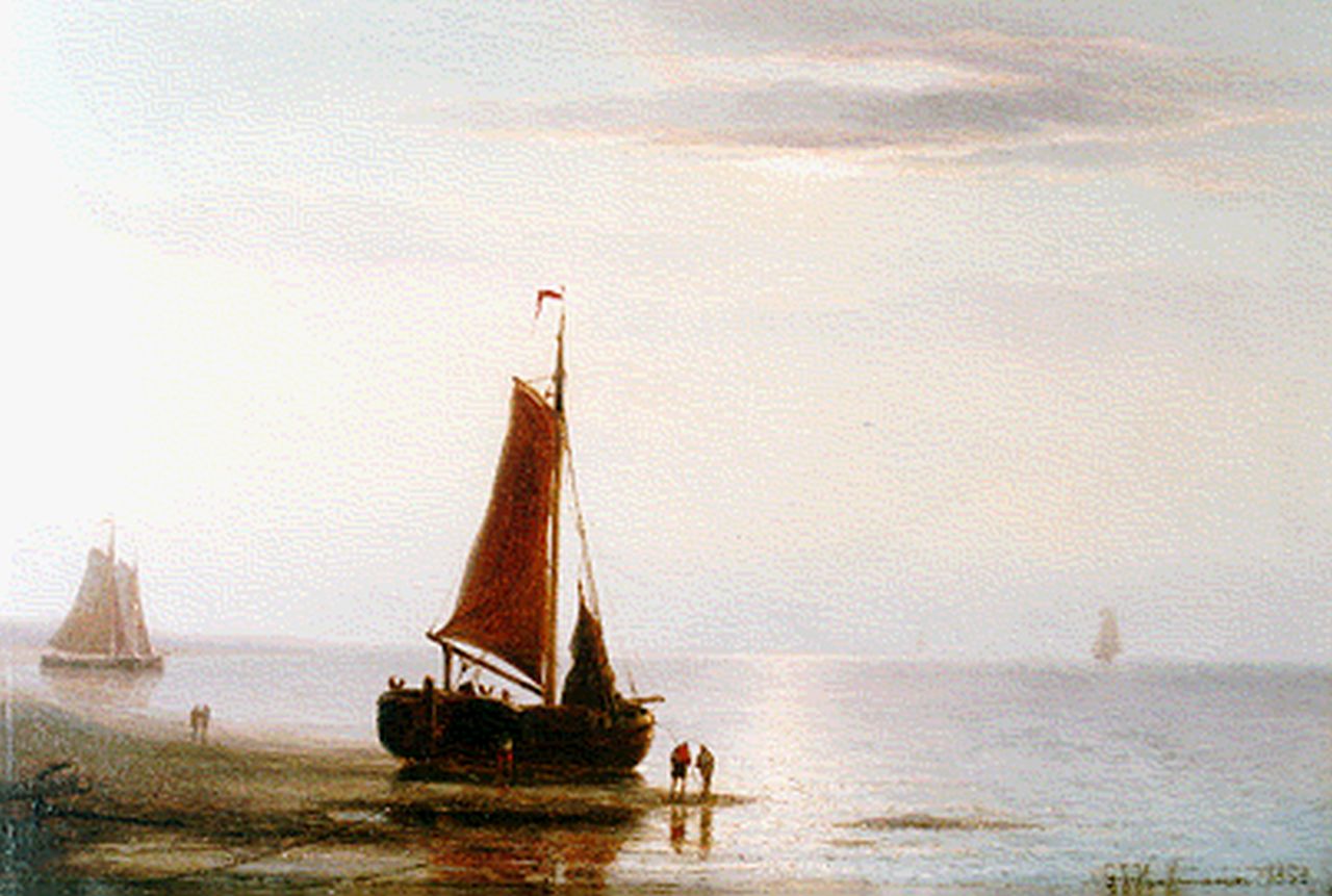 Hoffmann G.J.  | Georges Johannes Hoffmann, Twilight: 'bomschuiten' on the beach, Öl auf Holz 18,5 x 27,1 cm, signed l.r. und dated 1858
