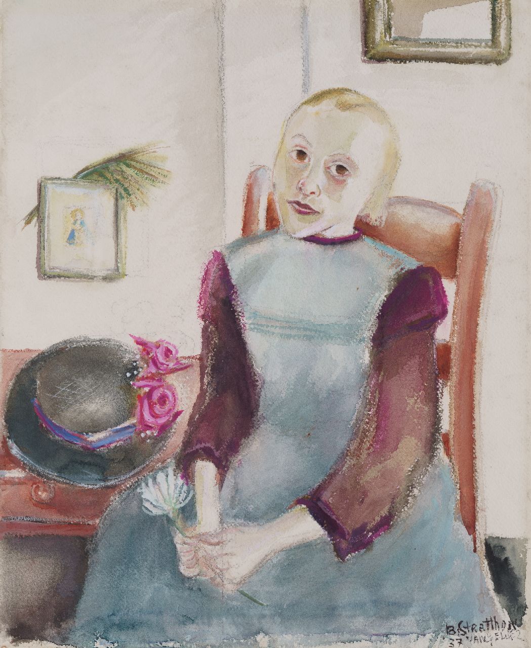 Gelder R. van | Rebecca 'Bobette' van Gelder, Mädchen mit Blume, Aquarell auf Papier 50,0 x 41,6 cm, Unterzeichnet u.r. mit  Pseudonym 'B. Stratthon van Gelder' und datiert '37