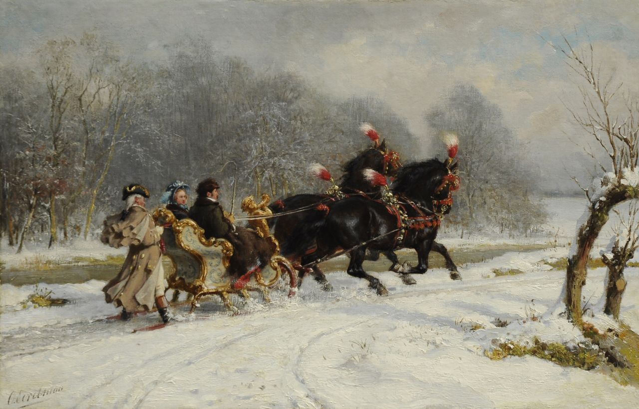 Eerelman O.  | Otto Eerelman, Pferdeschlittenfahrt im Schnee, Öl auf Leinwand  auf Holzfaser 52,3 x 80,7 cm, Unterzeichnet u.l.