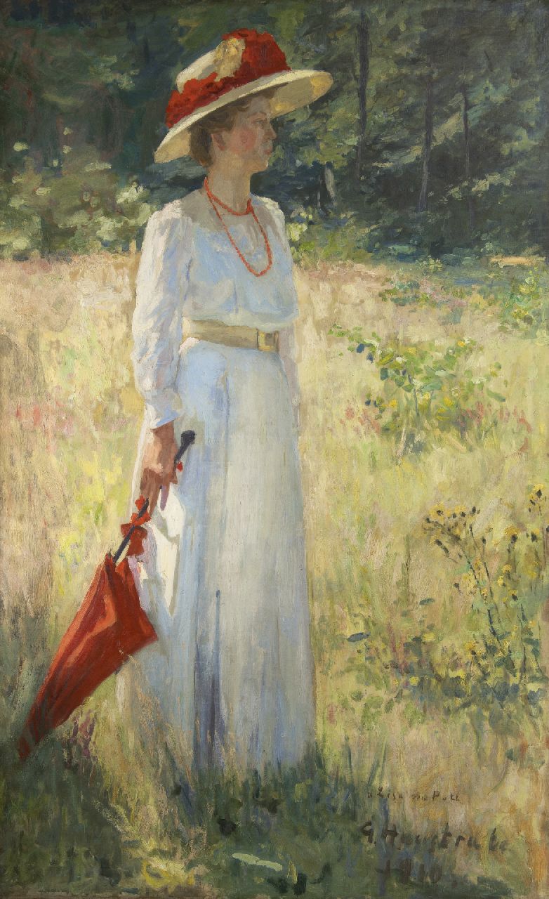Haustrate G.  | Gaston Haustrate, Dame mit rotem Sonnenschirm, Öl auf Leinwand 179,4 x 111,1 cm, Unterzeichnet u.r. und datiert 1910