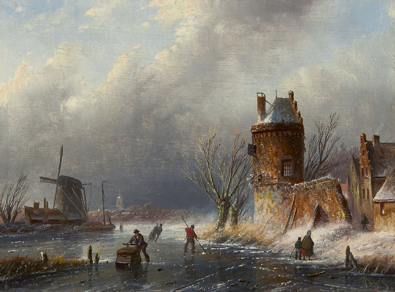 Spohler J.J.C.  | Jacob Jan Coenraad Spohler, Winterlandschaft mit Schlittschuhläufern und Eisangler, Öl auf Holz 15,6 x 21,1 cm, Unterzeichnet r.u. mit Initialen