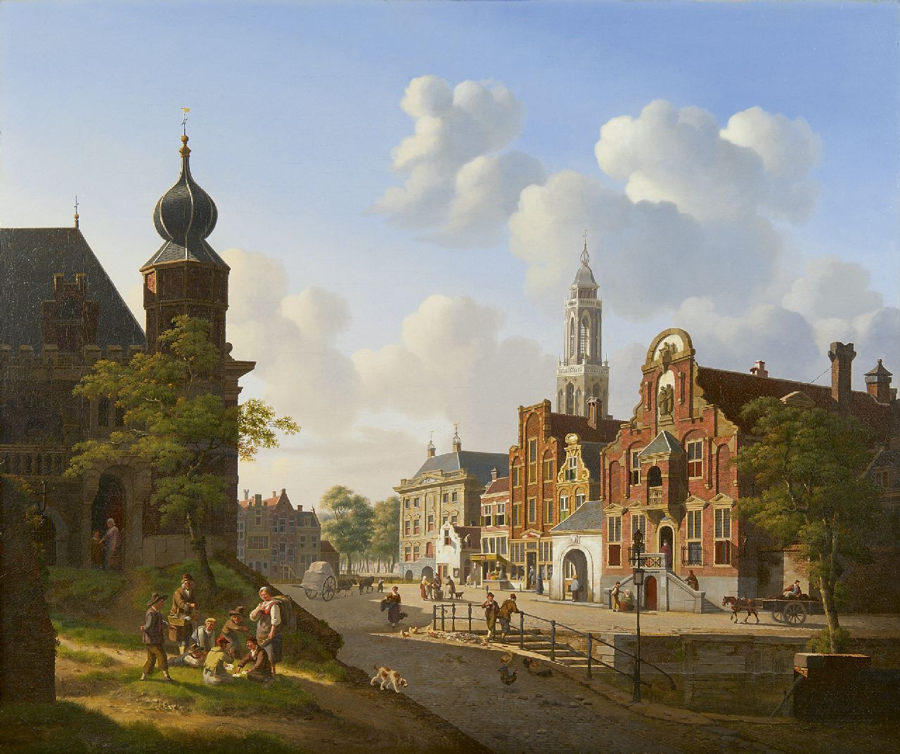 Verheijen J.H.  | Jan Hendrik Verheijen, Sonnige Stadtansicht mit Kartenspielern im Vordergrund, Öl auf Leinwand 66,9 x 79,6 cm, Unterzeichnet r.u.