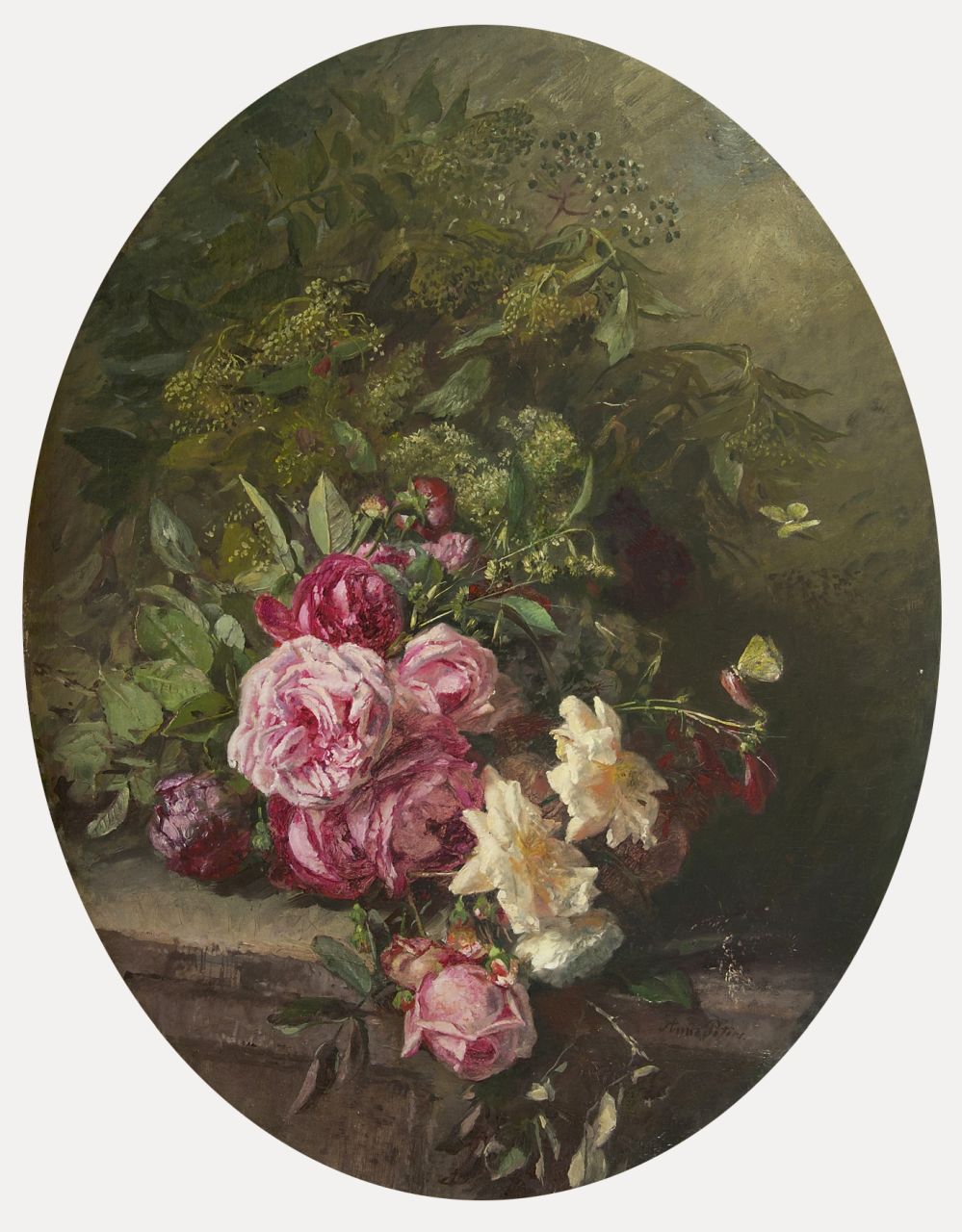 Peters A.  | Anna Peters, Rosen und Zweige auf einer Plinthe, Öl auf Leinwand 91,0 x 69,5 cm, Unterzeichnet u.r.