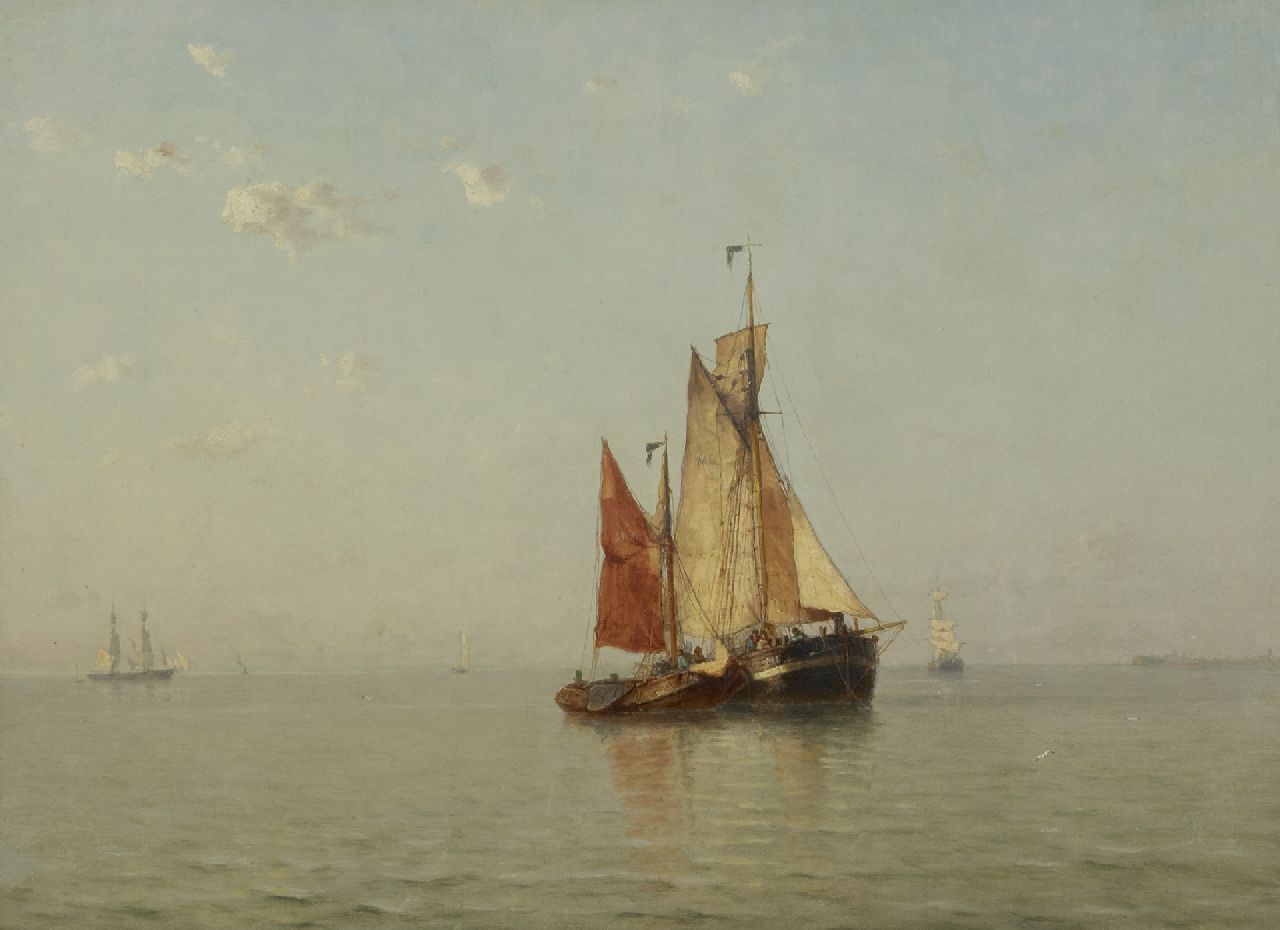 Schütz J.F.  | Jan Frederik Schütz, Segelboote vor Anker auf ruhigem Wasser, Zeeland, Öl auf Leinwand 52,5 x 71,0 cm, Unterzeichnet l.u. und datiert '86